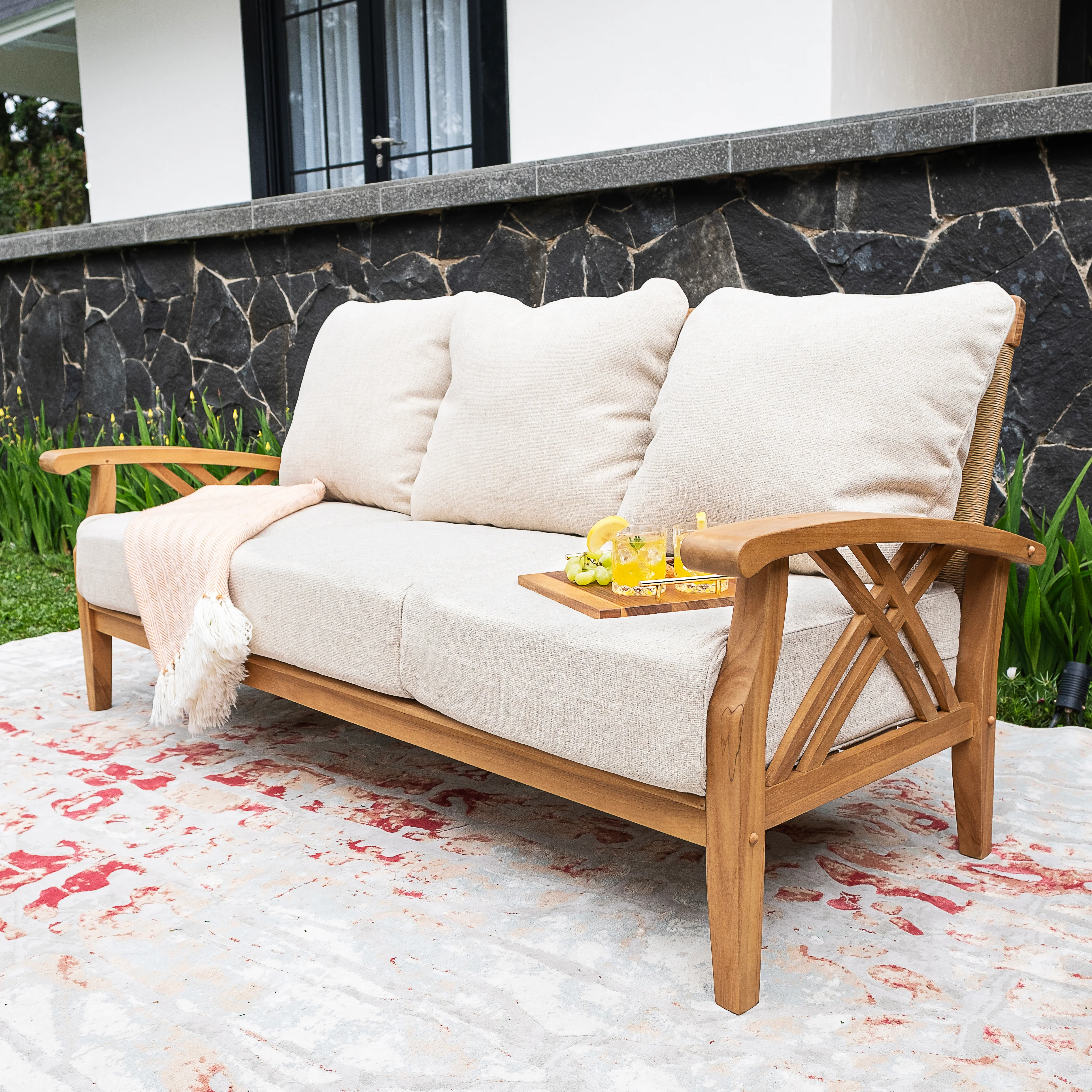 Carmel Teak Wood Patio Sofa with Tan Cushion - Image 4