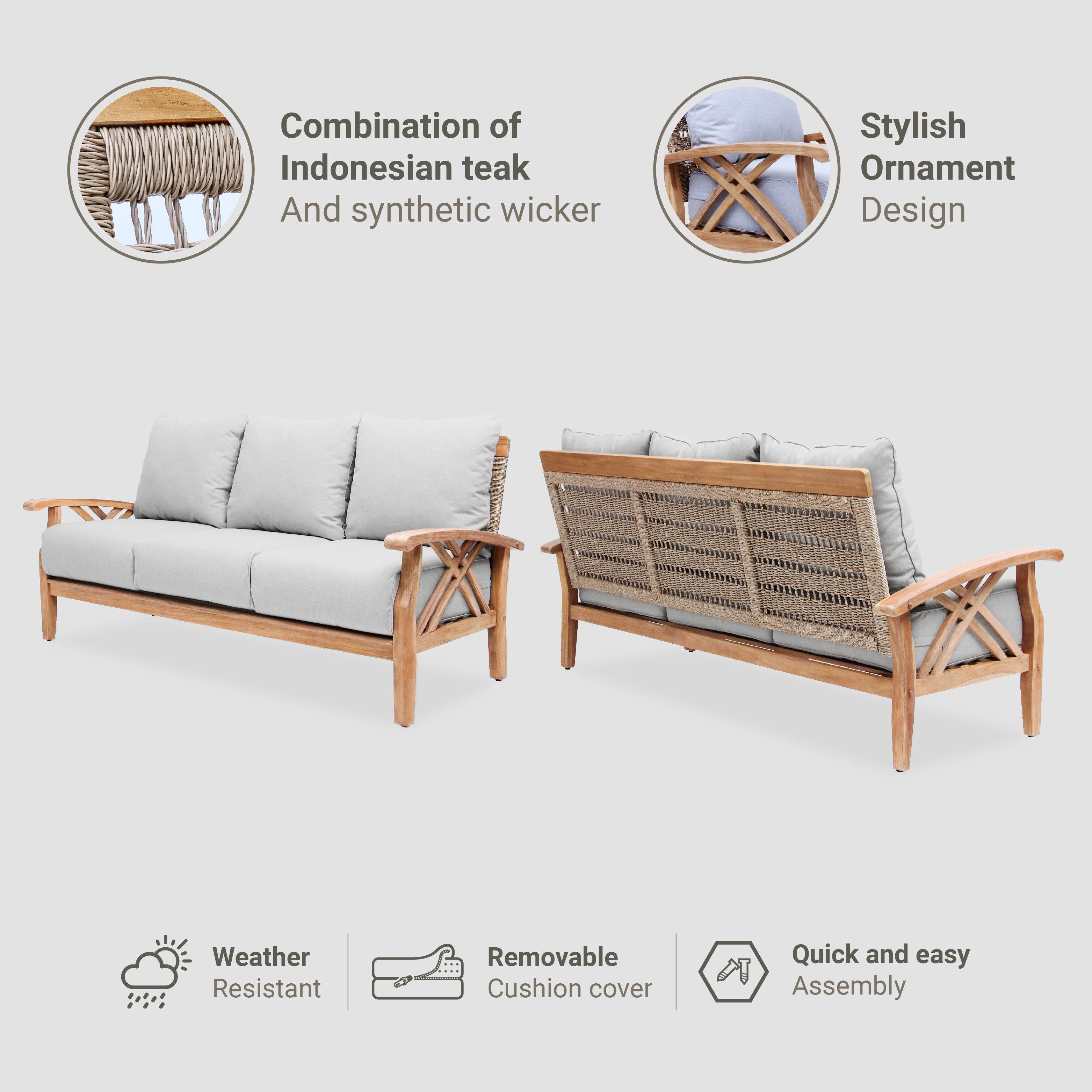 Carmel Teak Wood Patio Sofa with Tan Cushion - Image 5