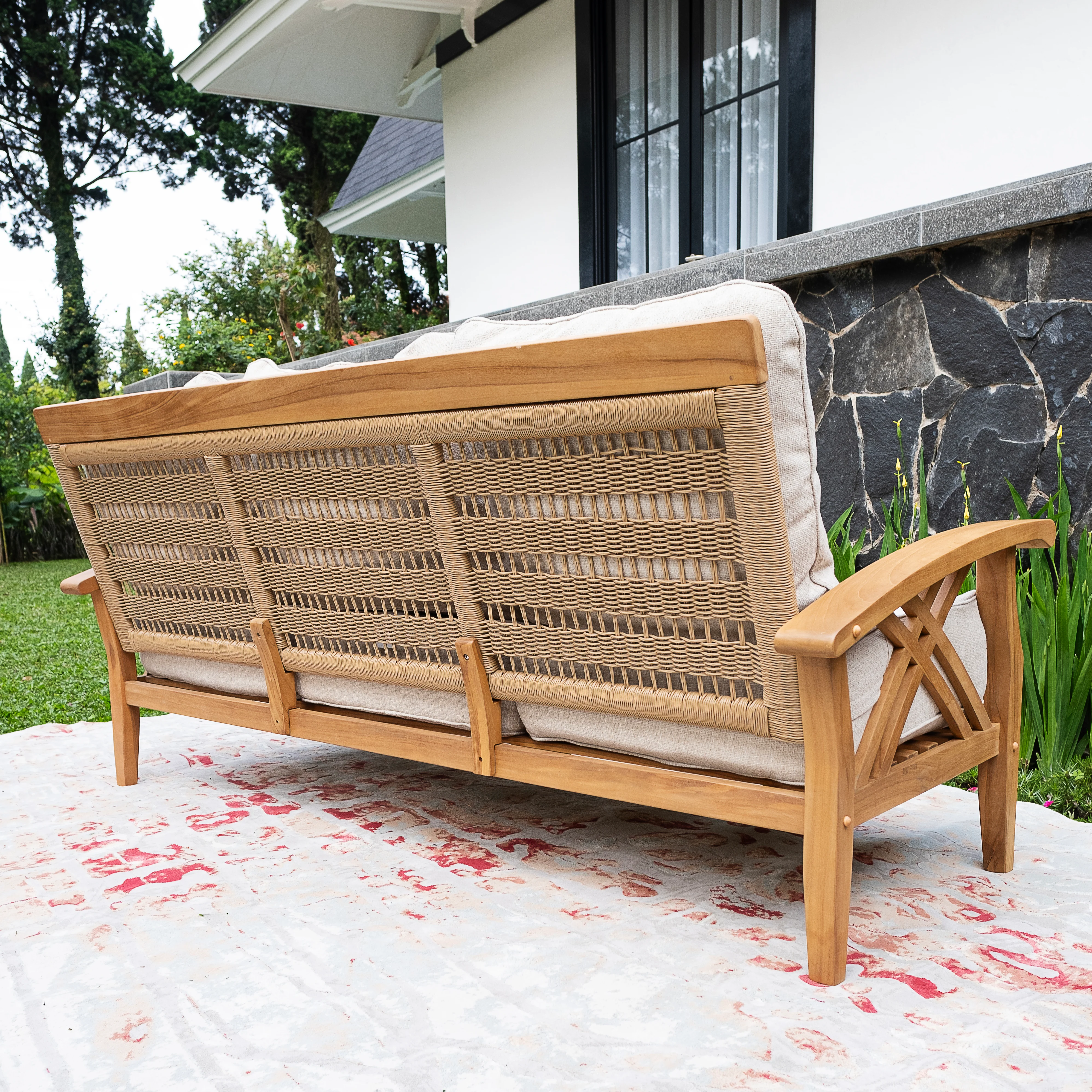 Carmel Teak Wood Patio Sofa with Tan Cushion - Image 6