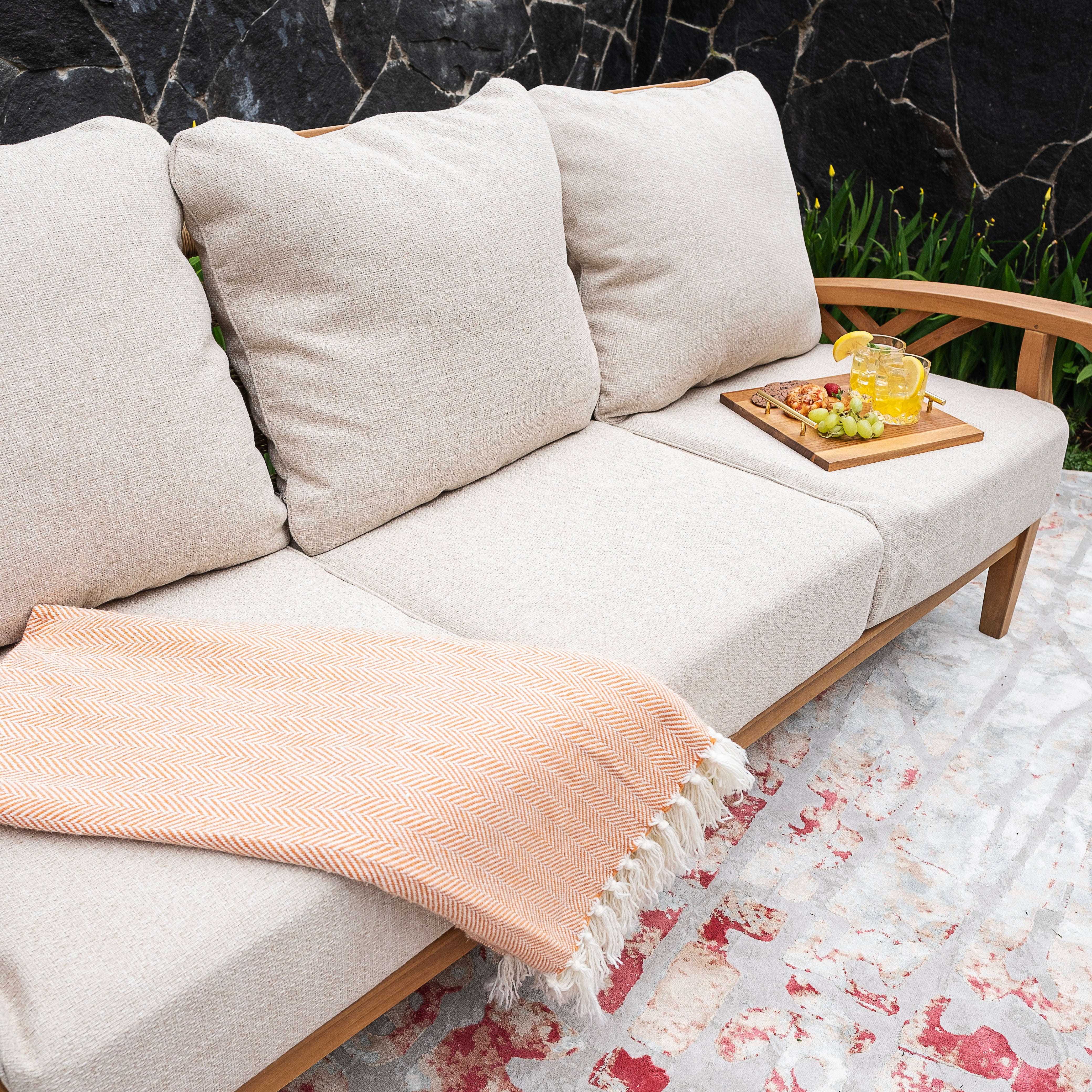 Carmel Teak Wood Patio Sofa with Tan Cushion - Image 7