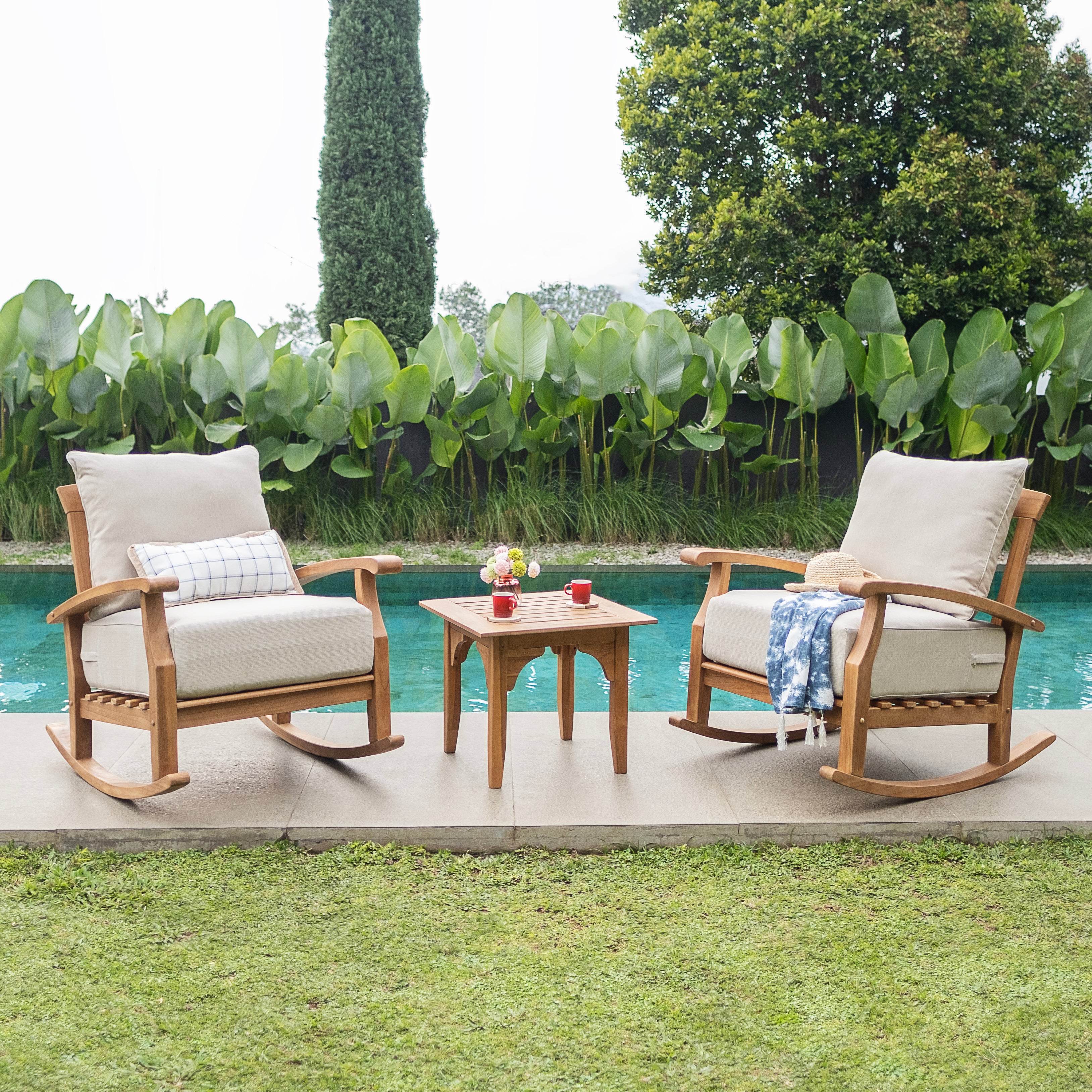 Caterina 3 Piece Teak Wood Outdoor Rocker Conversation Set with Beige Cushion - Image 2