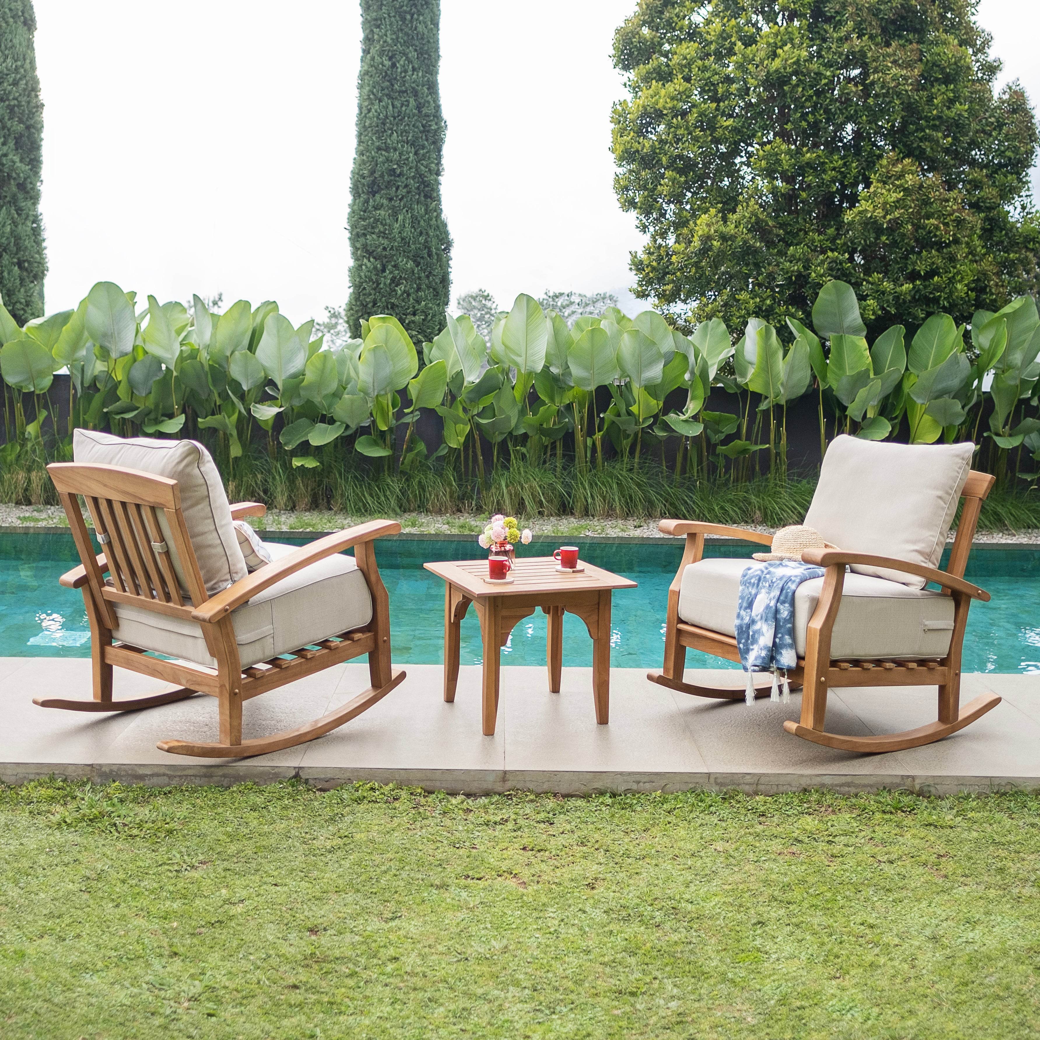 Caterina 3 Piece Teak Wood Outdoor Rocker Conversation Set with Beige Cushion - Image 3