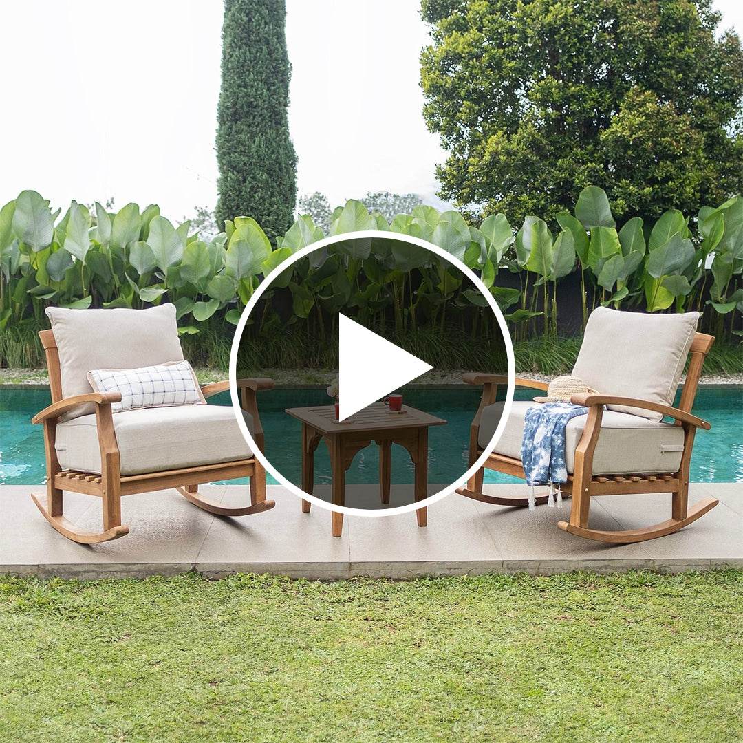Caterina 3 Piece Teak Wood Outdoor Rocker Conversation Set with Beige Cushion - Image 5