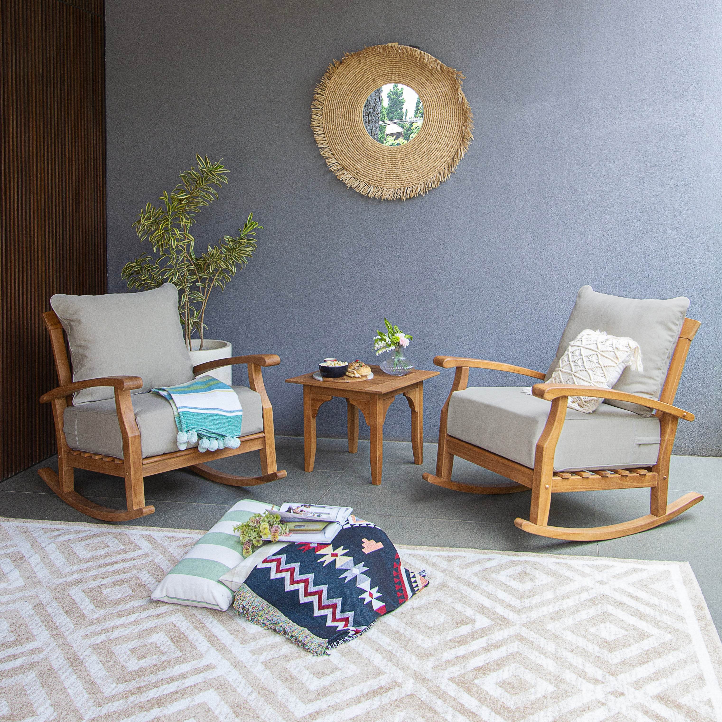 Caterina 3 Piece Teak Wood Outdoor Rocker Conversation Set with Beige Cushion - Image 6