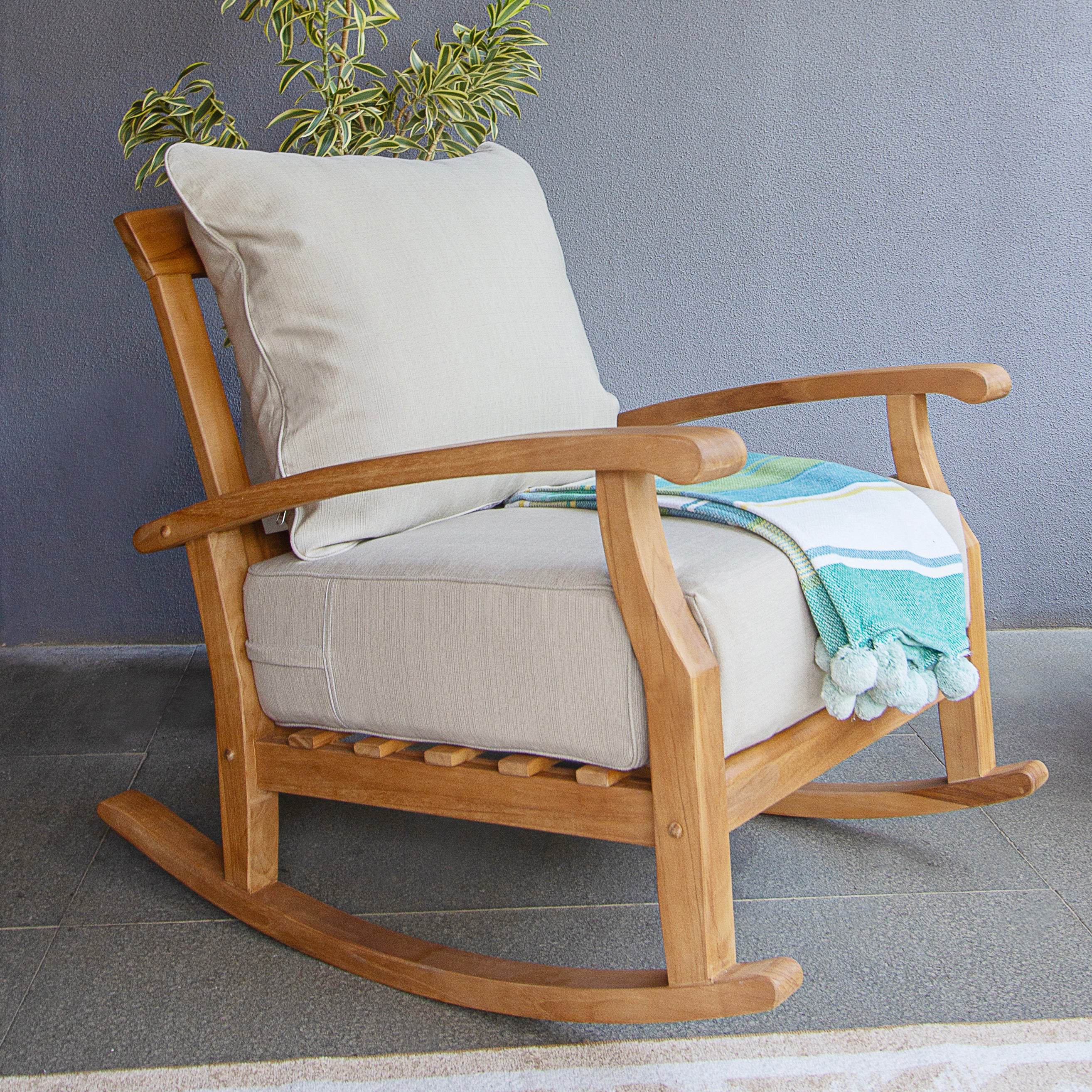 Caterina 3 Piece Teak Wood Outdoor Rocker Conversation Set with Beige Cushion - Image 7