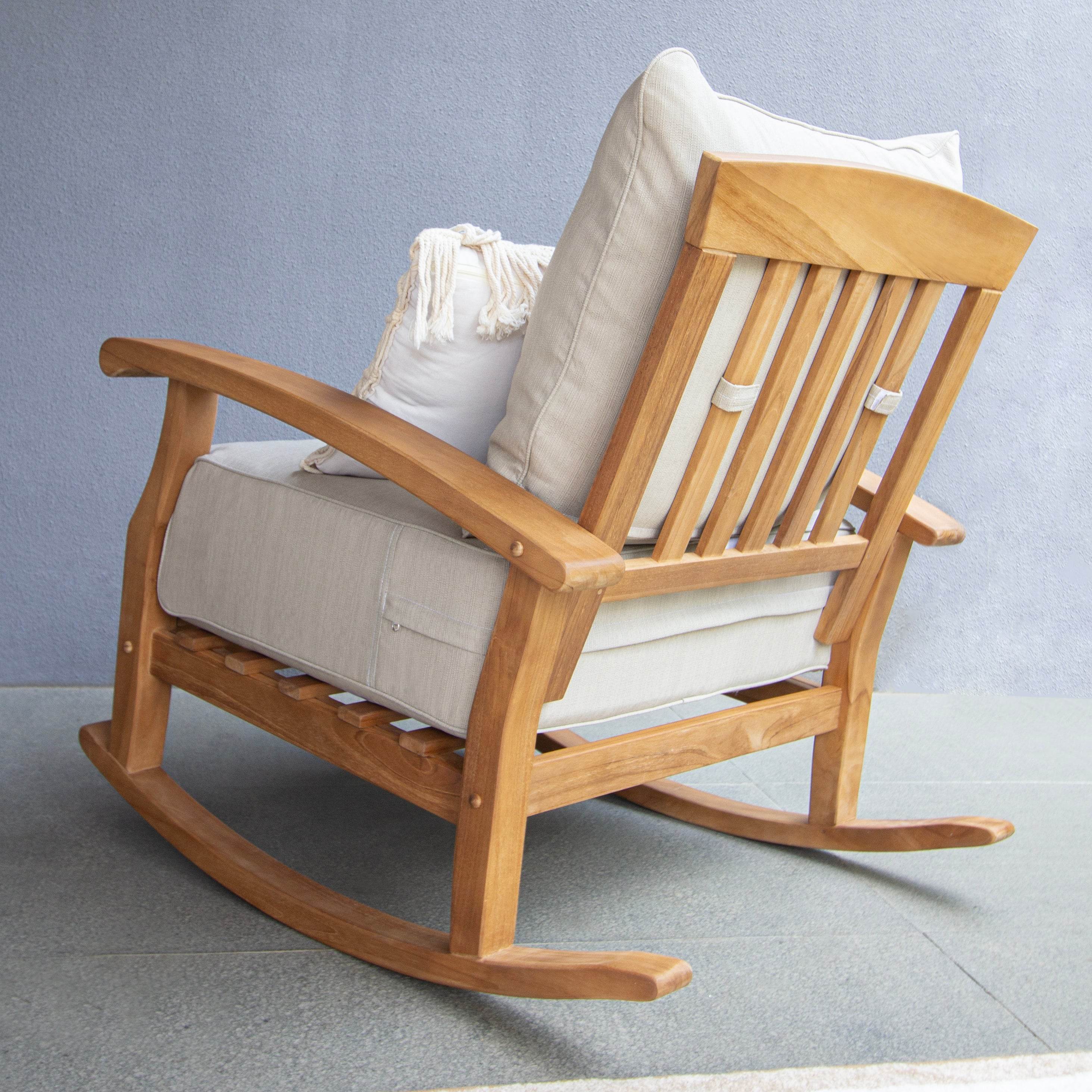 Caterina 3 Piece Teak Wood Outdoor Rocker Conversation Set with Beige Cushion - Image 8