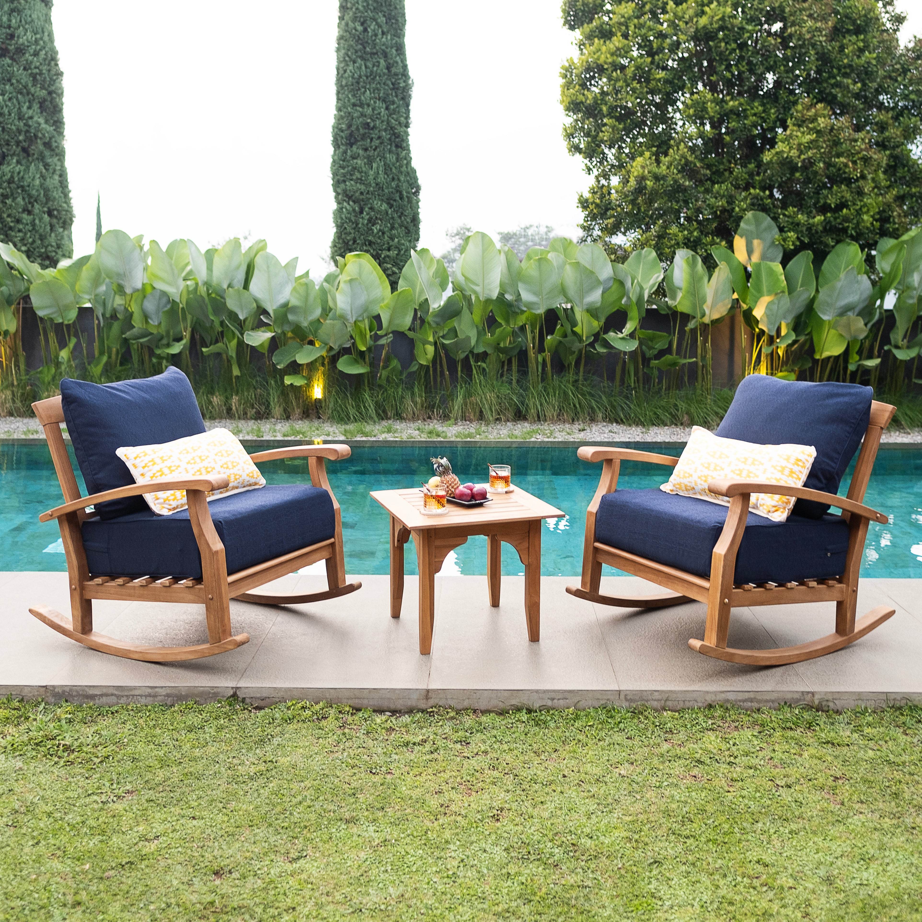 Caterina 3 Piece Teak Wood Outdoor Rocker Conversation Set with Navy Cushion - Image 2