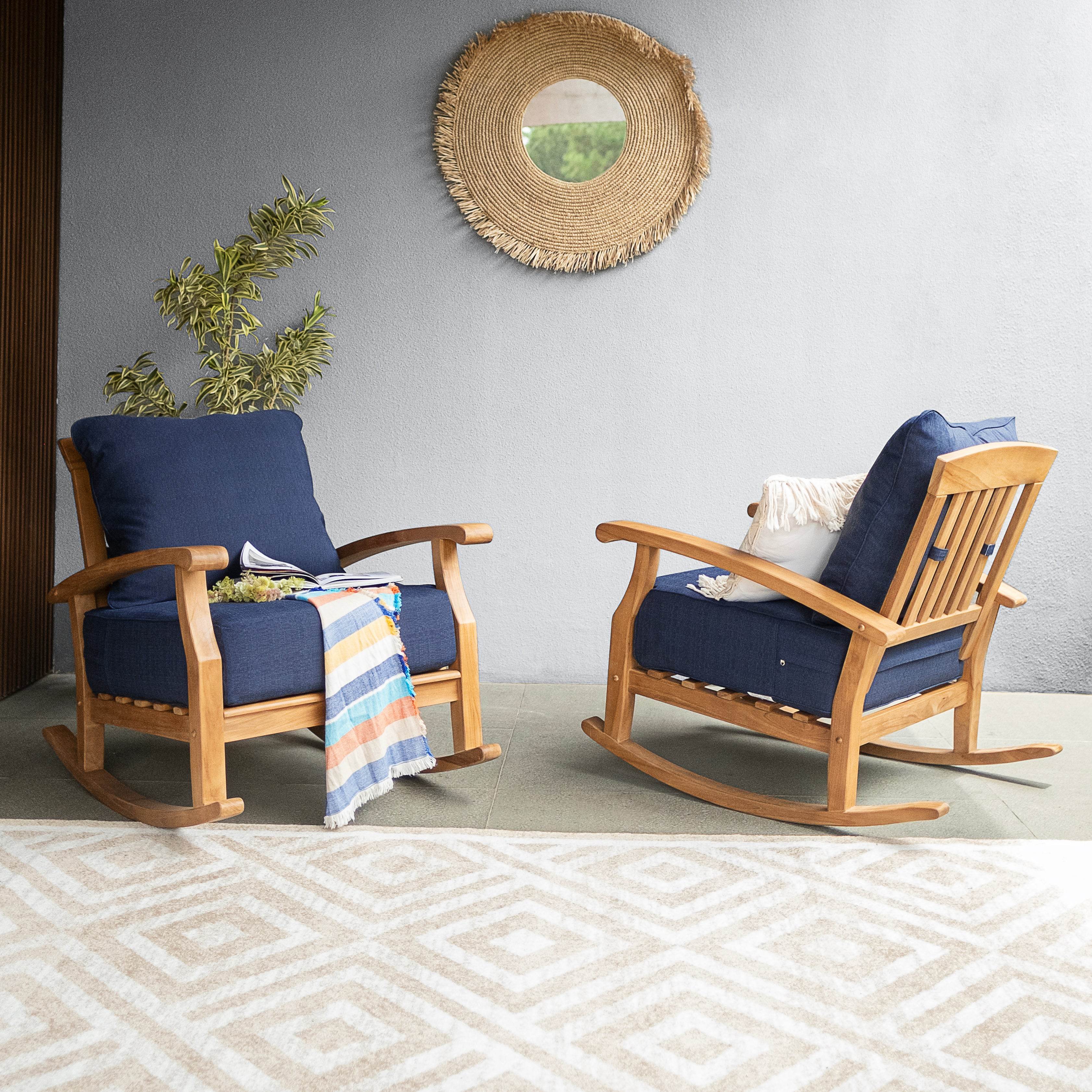 Caterina 3 Piece Teak Wood Outdoor Rocker Conversation Set with Navy Cushion - Image 3