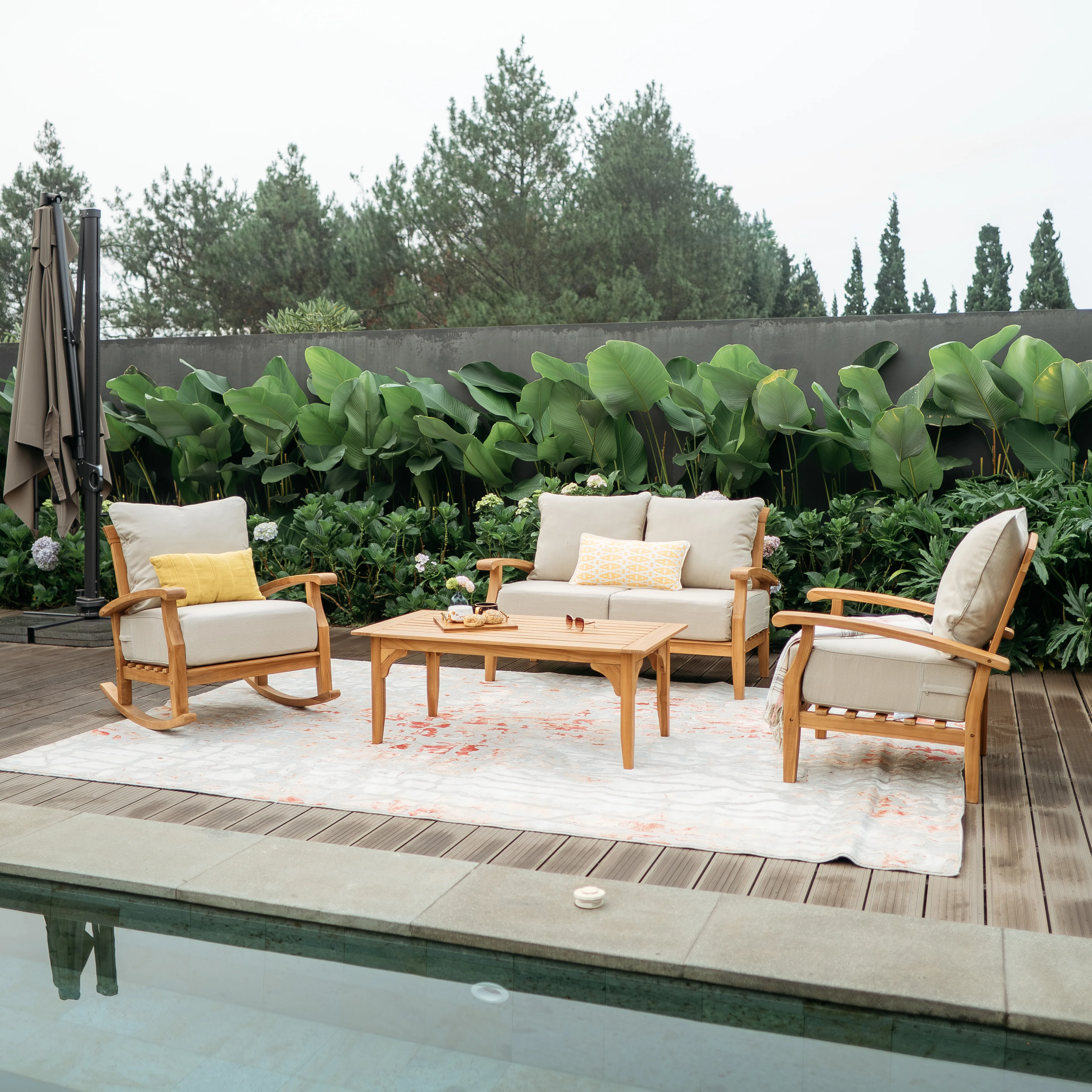 Caterina 4 Piece Teak Wood Patio Conversation Set with Beige Cushion - Image 2