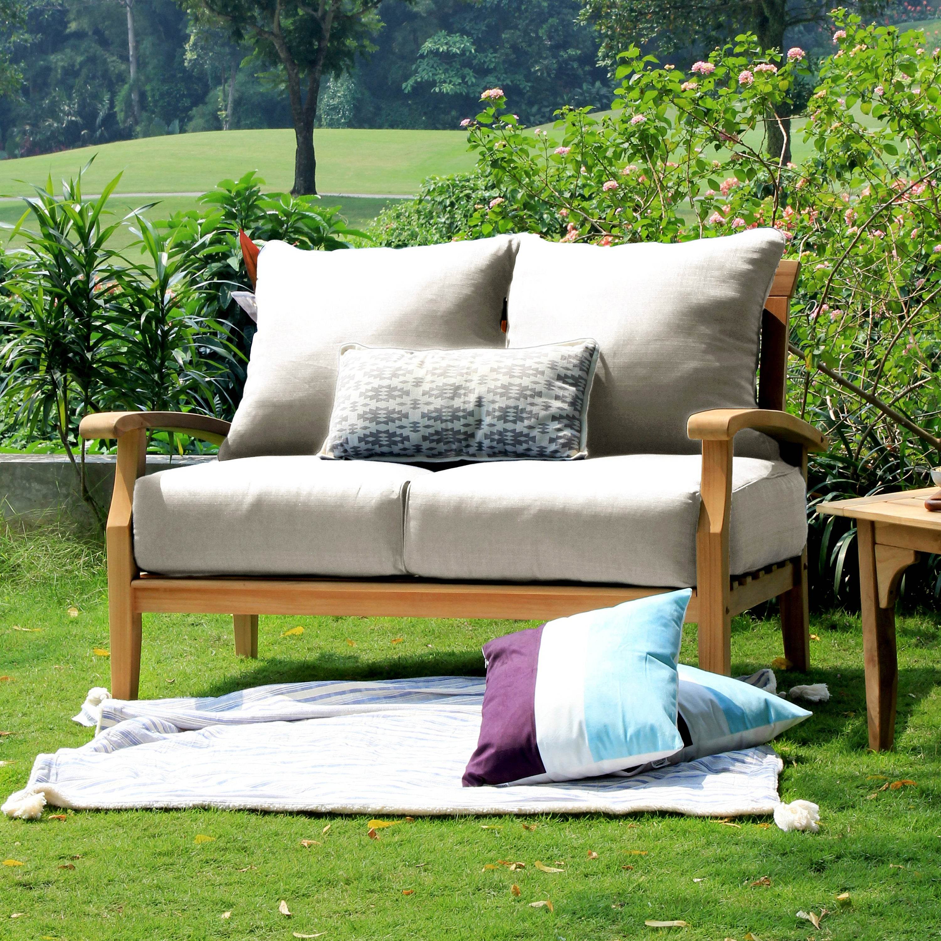 Caterina Teak Wood 4 Piece Patio Conversation Set with Beige Cushion - Image 3
