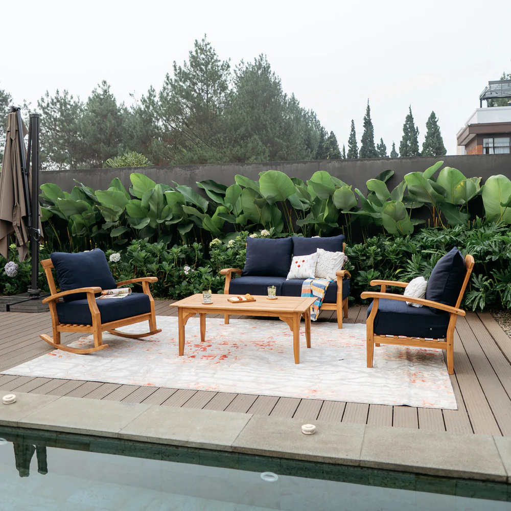 Caterina 4 Piece Teak Wood Patio Conversation Set with Navy Cushion - Image 2
