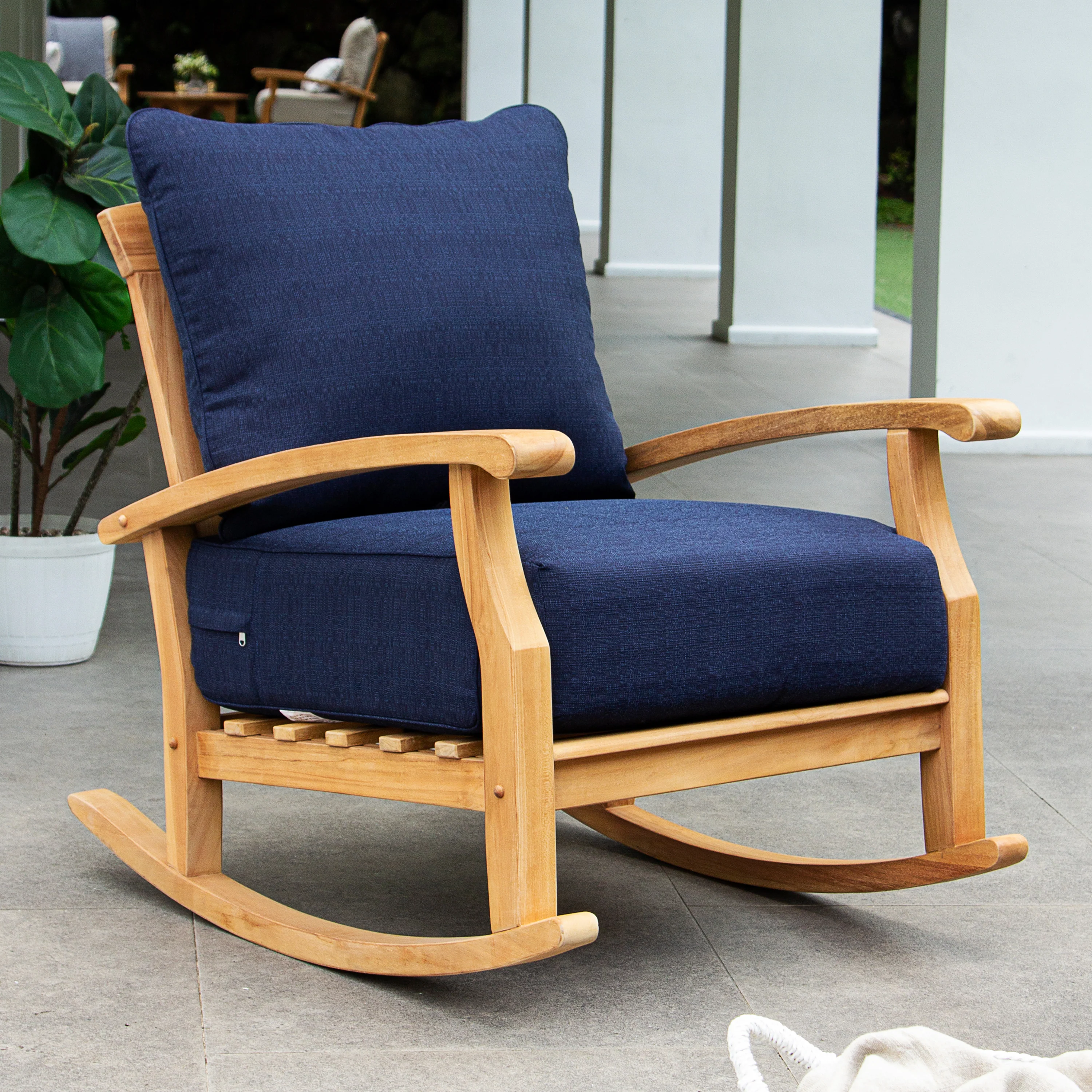Caterina Teak Wood 5 Piece Patio Conversation Set with Navy Cushion - Image 7