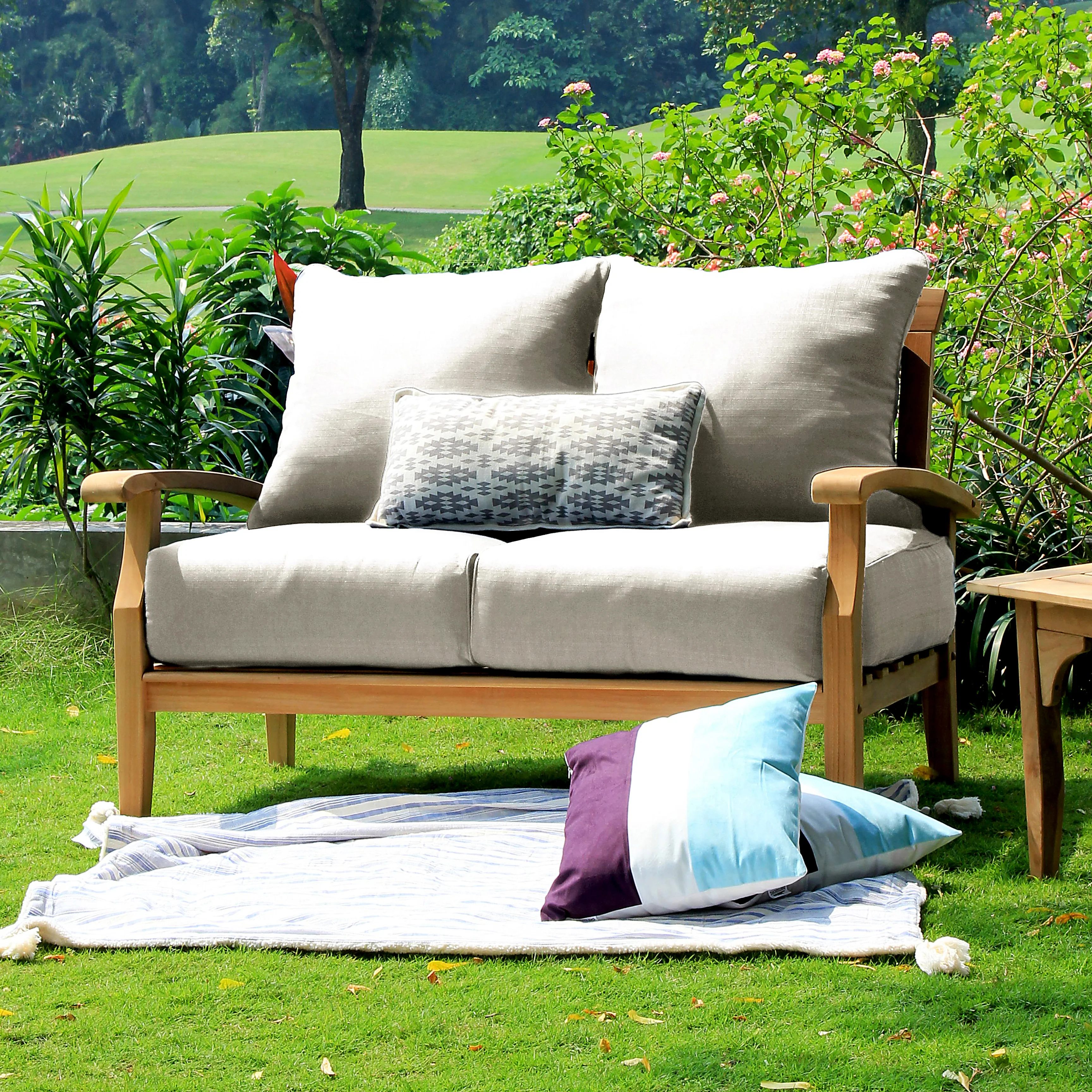 Caterina 5 Piece Teak Outdoor Conversation Set with Beige Cushion - Image 9