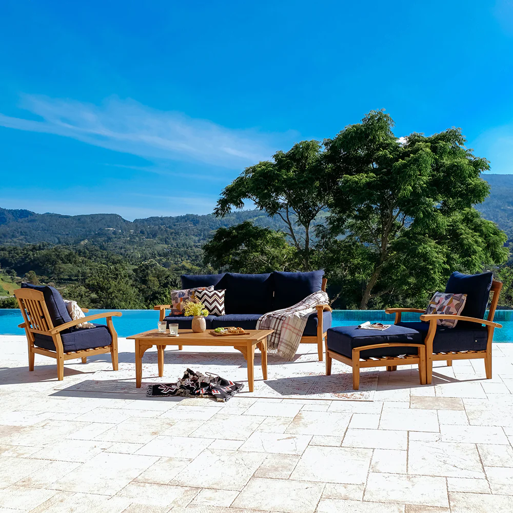 Caterina 5 Piece Teak Wood Patio Conversation Set with Navy Cushion - Image 2