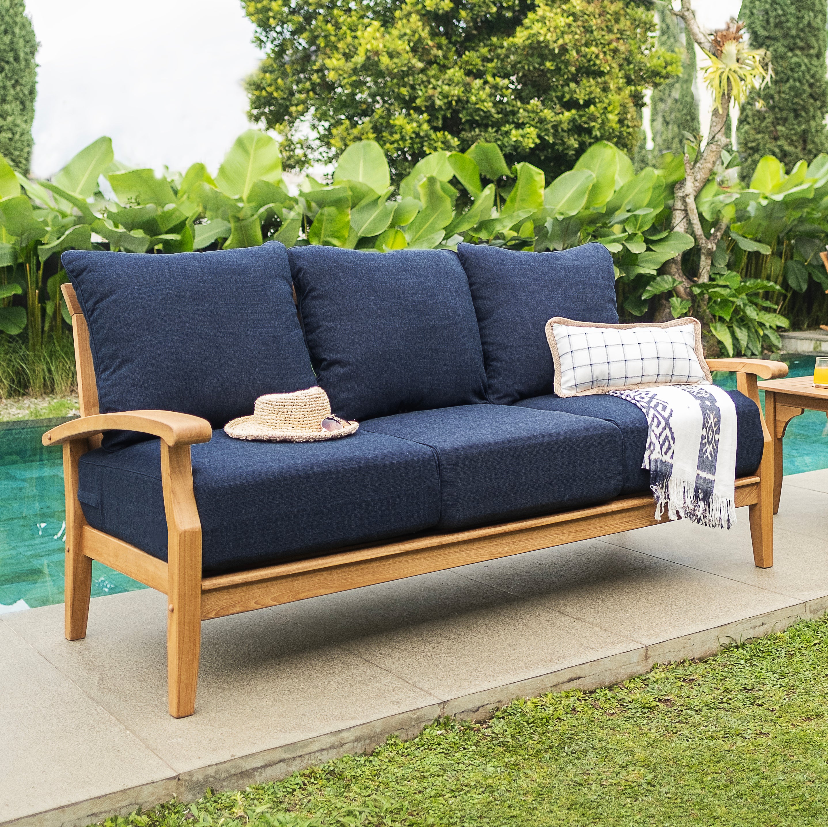 Caterina 5 Piece Teak Wood Patio Conversation Set with Navy Cushion - Image 4