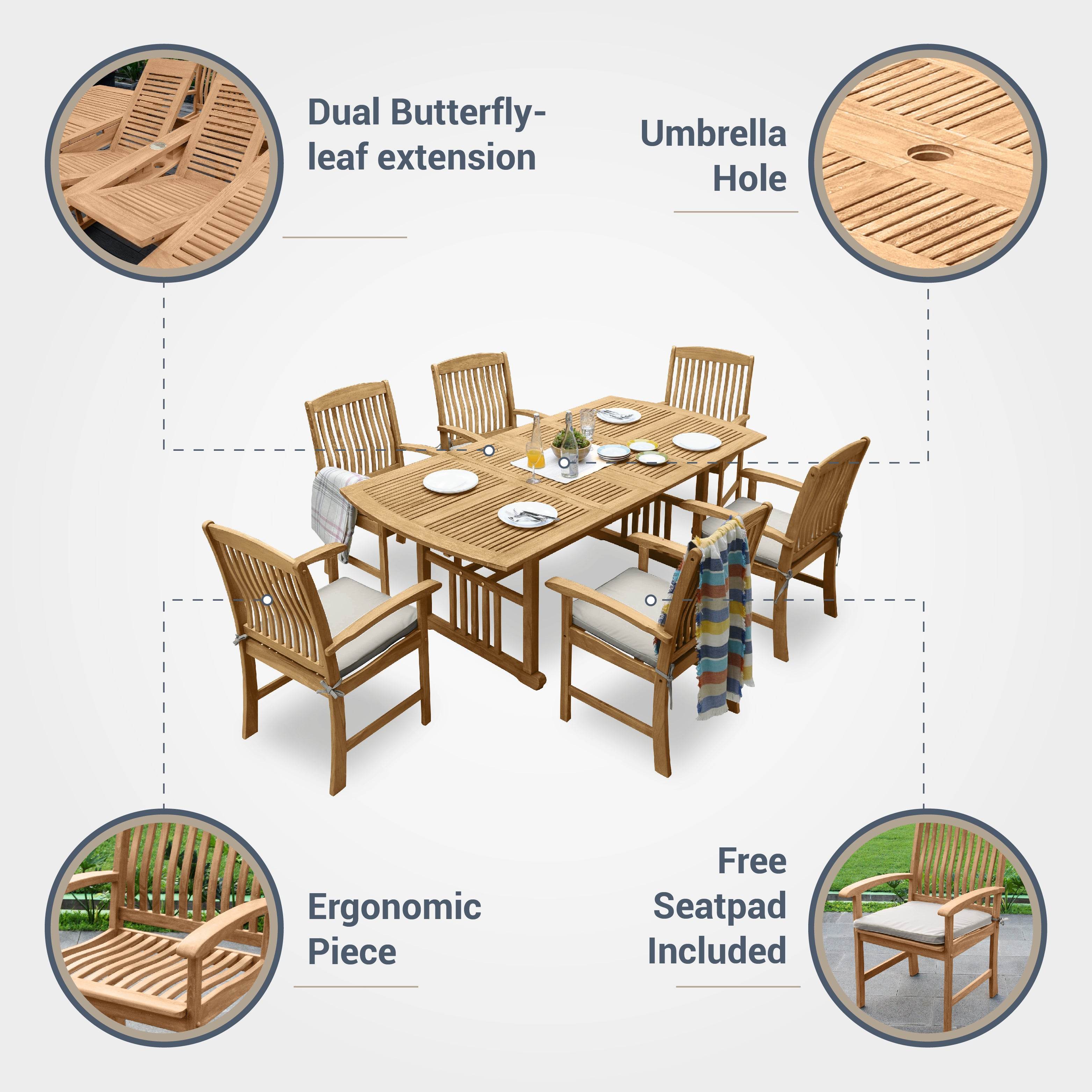 Caterina 7 Pieces Teak Outdoor Extendable Table Dining Set with Gray Cushion - Image 5