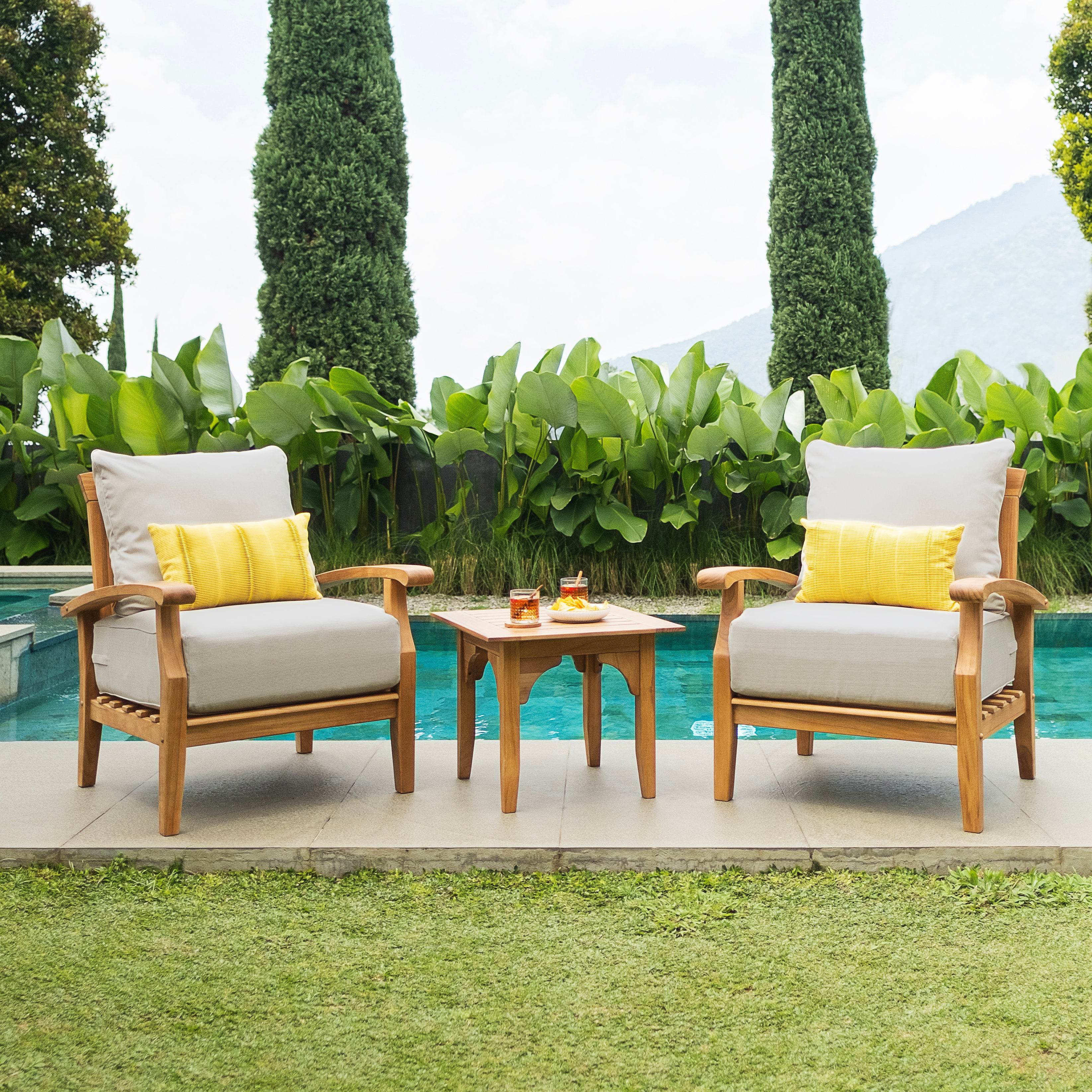 Caterina Teak Wood 3 Piece Patio Conversation Set with Beige Cushion - Image 6