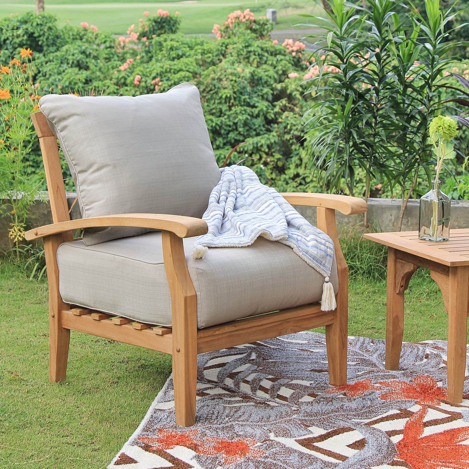 Caterina Teak Wood 3 Piece Patio Conversation Set with Beige Cushion - Image 7
