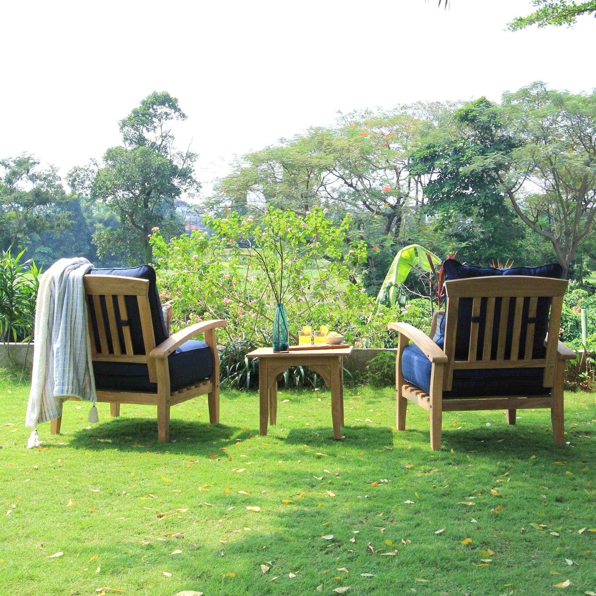 Caterina Teak Wood 3 Piece Patio Conversation Set with Navy Cushion - Image 3