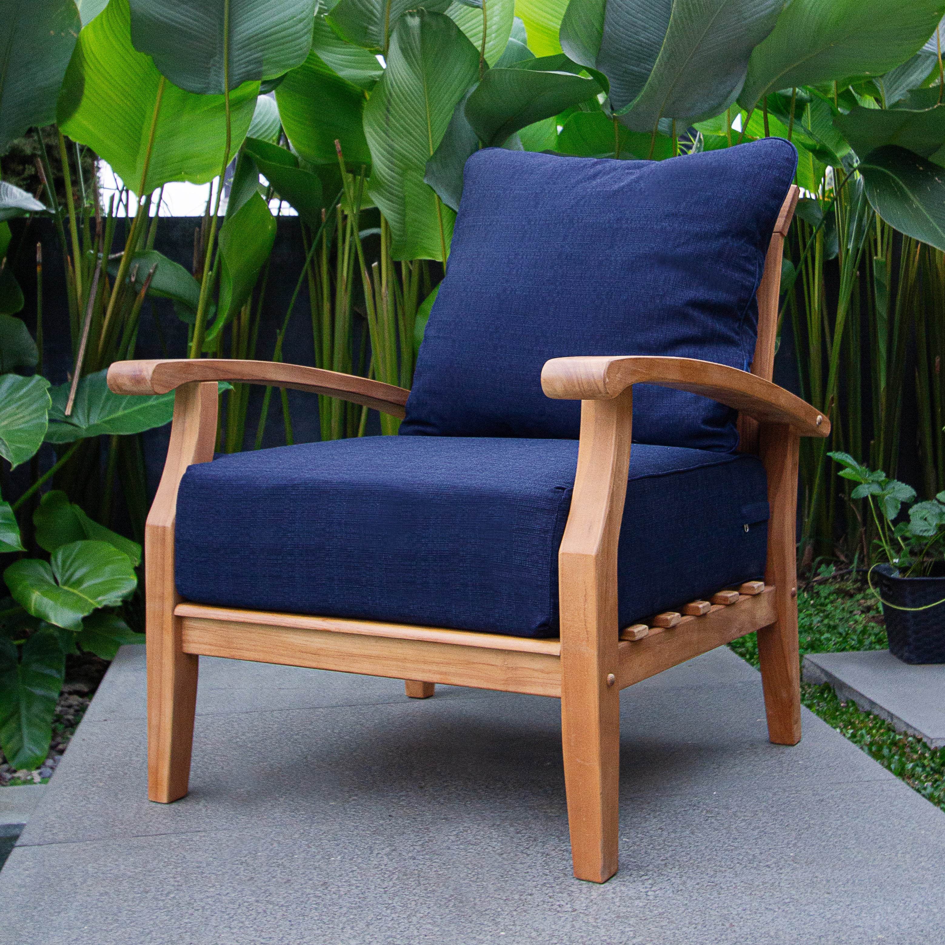 Caterina Teak Wood 3 Piece Patio Conversation Set with Navy Cushion - Image 4