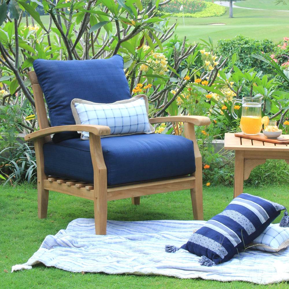 Caterina Teak Wood 3 Piece Patio Conversation Set with Navy Cushion - Image 8