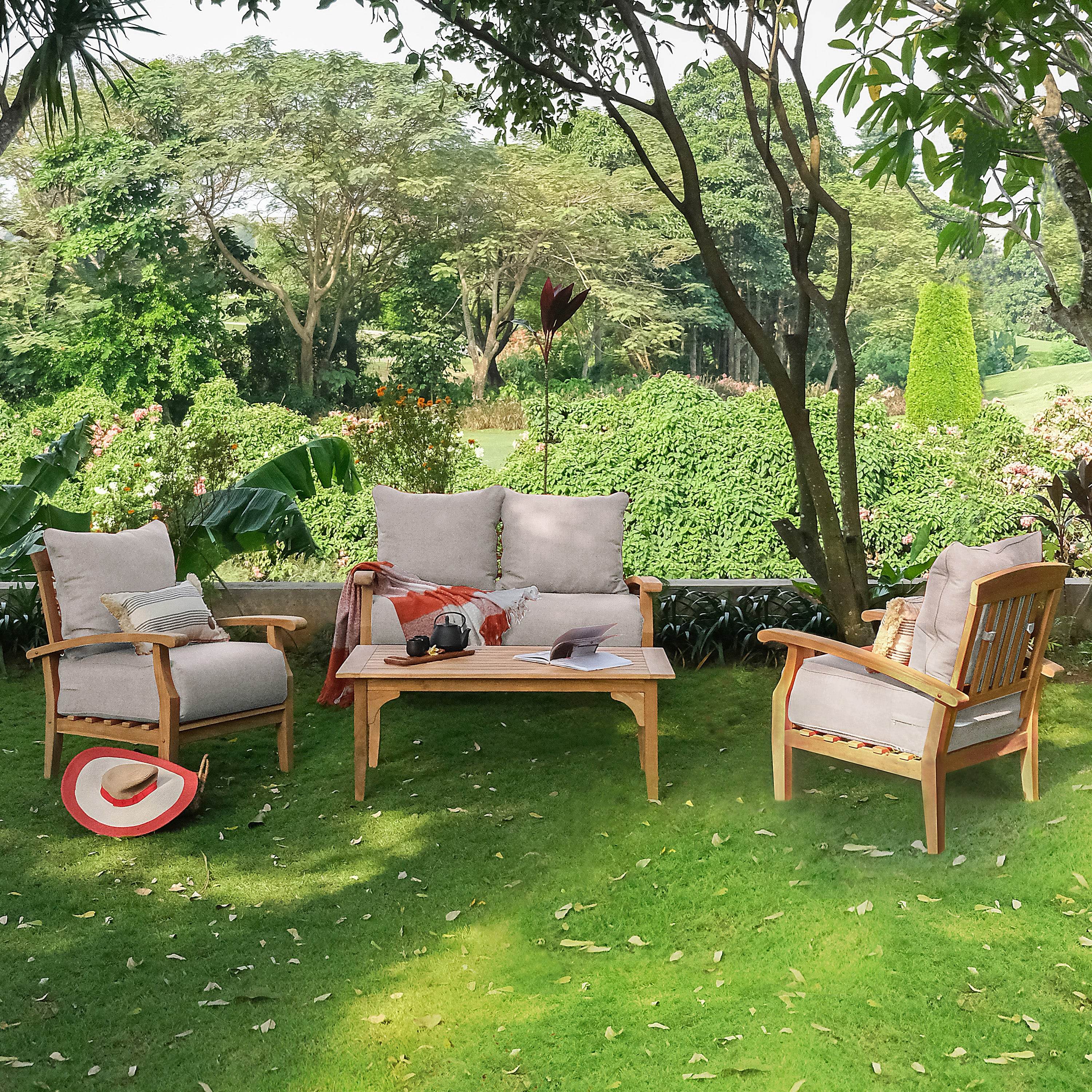 Caterina Teak Wood 4 Piece Patio Conversation Set with Beige Cushion - Image 2