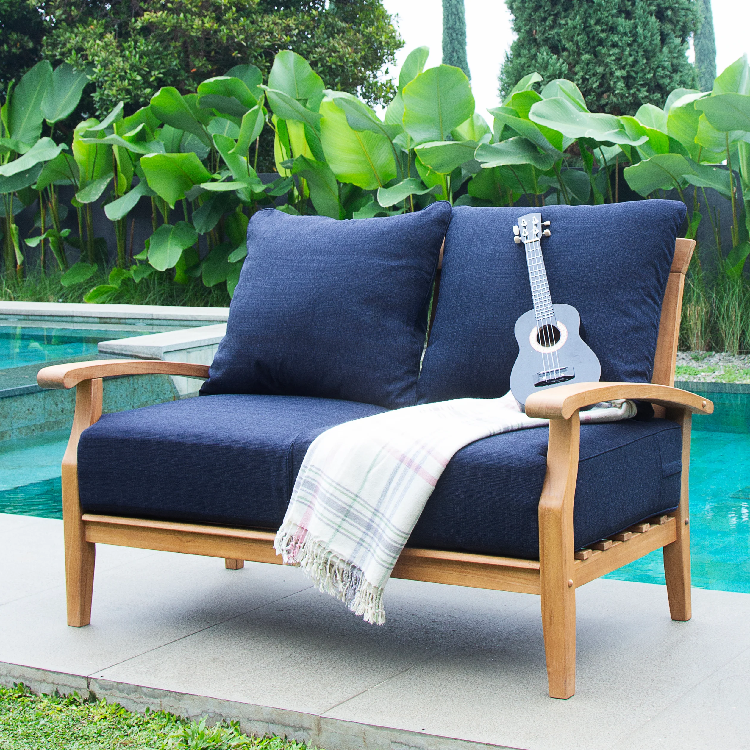 Caterina Teak Wood 4 Piece Patio Conversation Set with Navy Cushion - Image 3