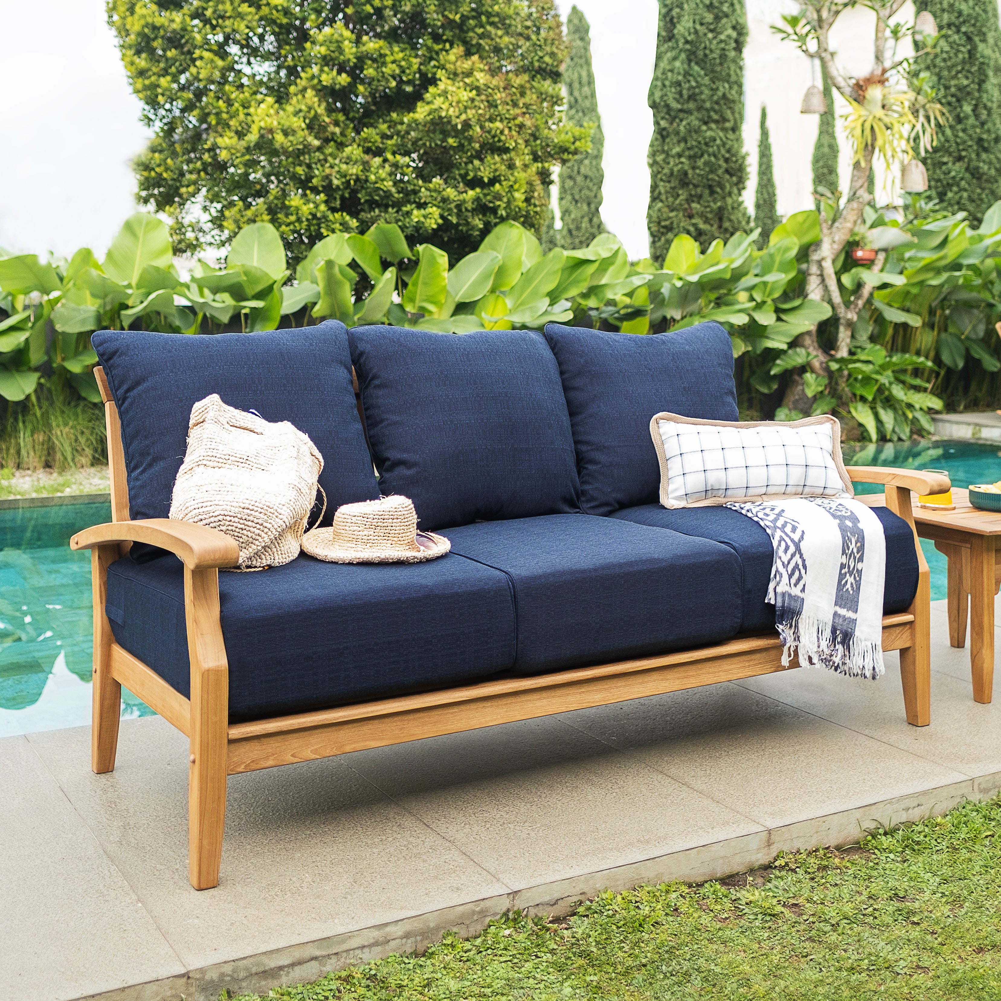 Caterina Teak Wood 5 Piece Patio Conversation Set with Navy Cushion - Image 2