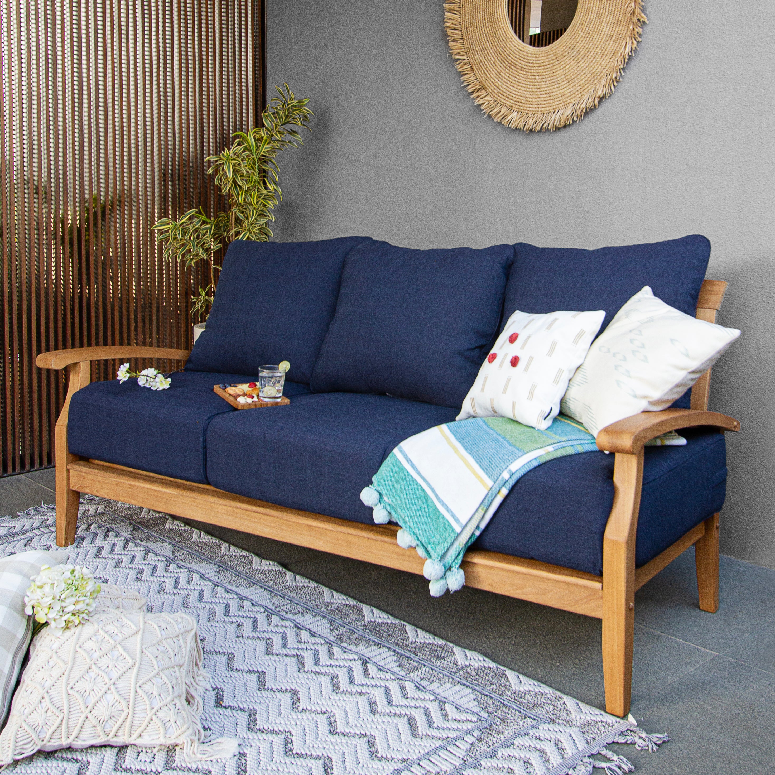 Caterina Teak Wood 5 Piece Patio Conversation Set with Navy Cushion - Image 3