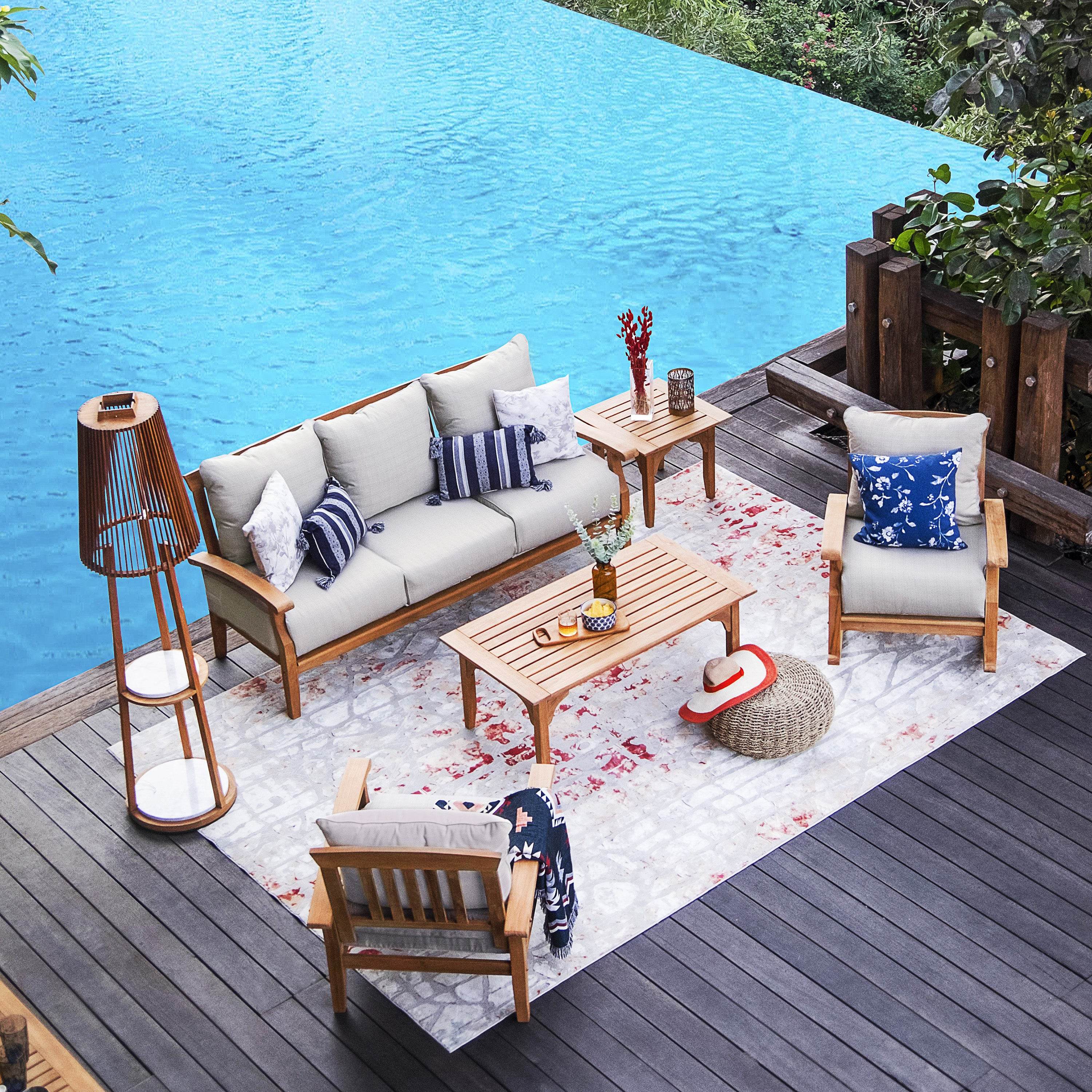 Caterina Teak Wood 5 Pieces Patio Conversation Set with Beige Cushion - Image 3