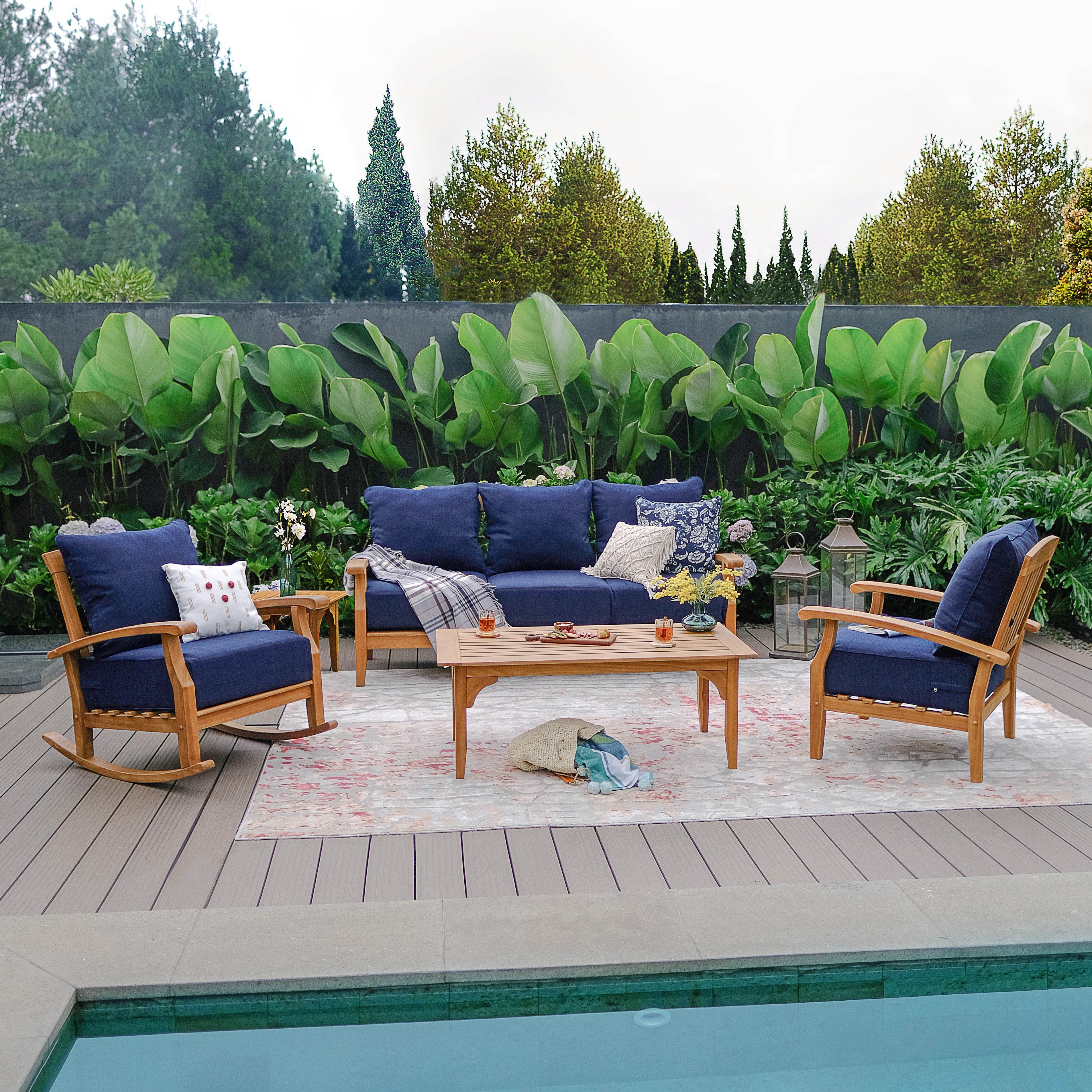 Caterina Teak Wood Patio Sofa with Navy Cushion - Image 2