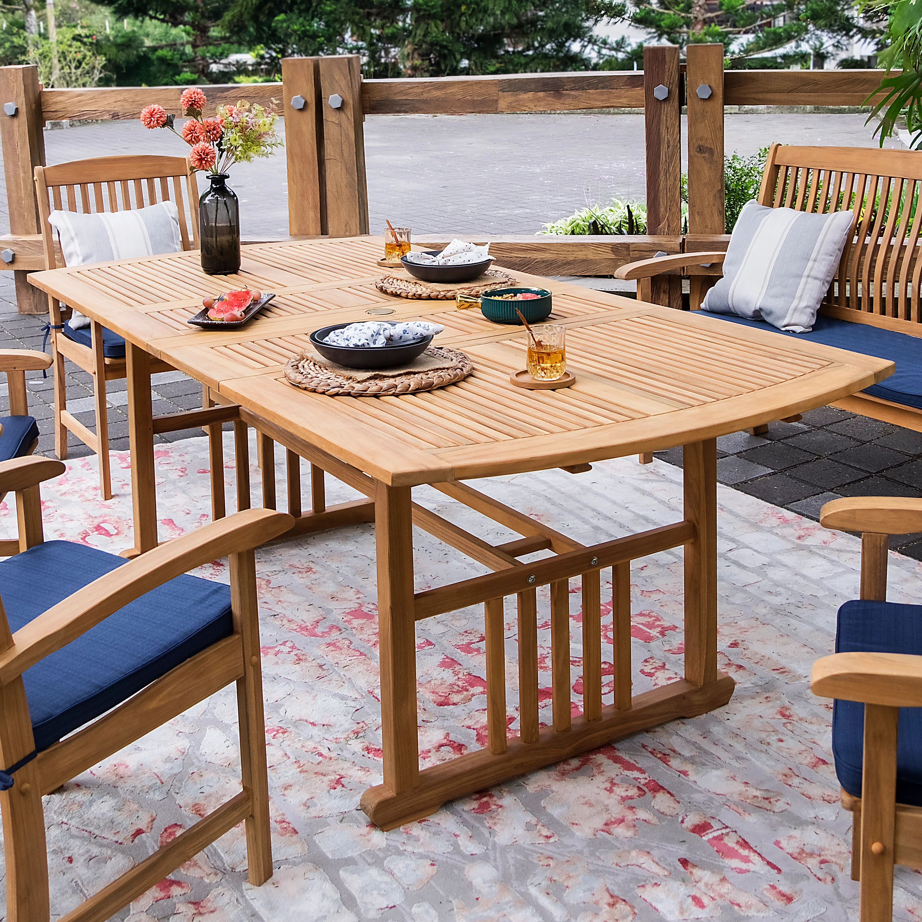 Caterina Teak Wood 6 Piece Outdoor Dining Set with Navy Cushion - Image 3
