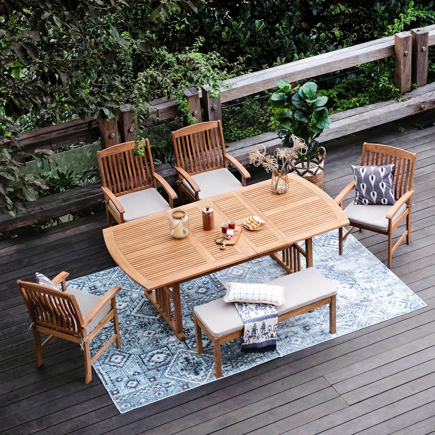 Caterina Teak Wood 6 Pieces Outdoor Dining Set with Backless Bench - Image 6