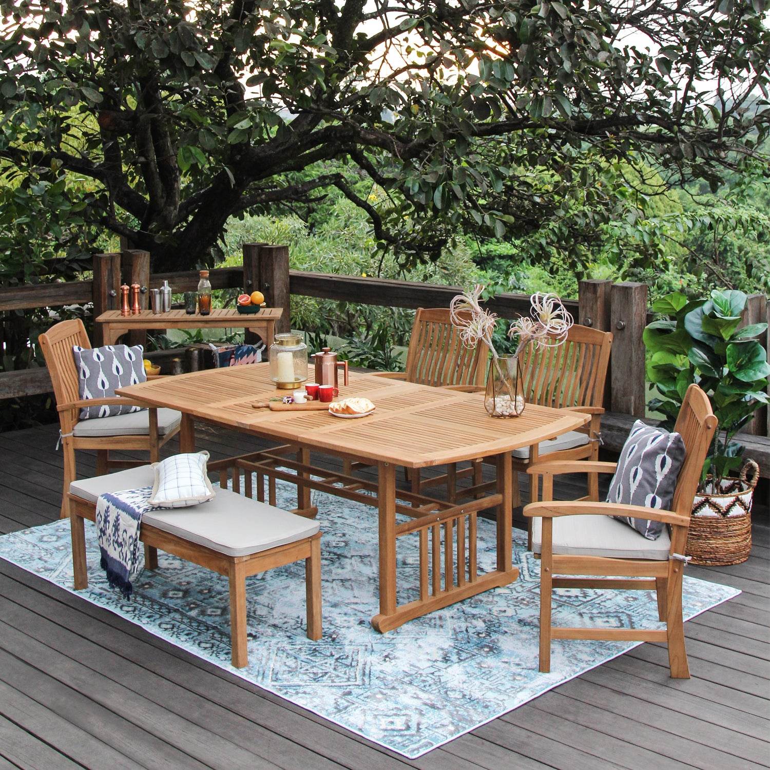 Caterina Teak Wood 6 Pieces Outdoor Dining Set with Backless Bench - Image 9