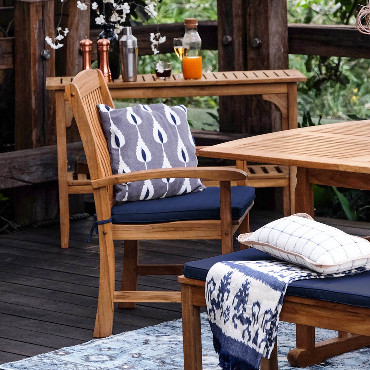 Caterina Teak Wood 6 Pieces Outdoor Dining Set with Navy Seatpad - Image 12