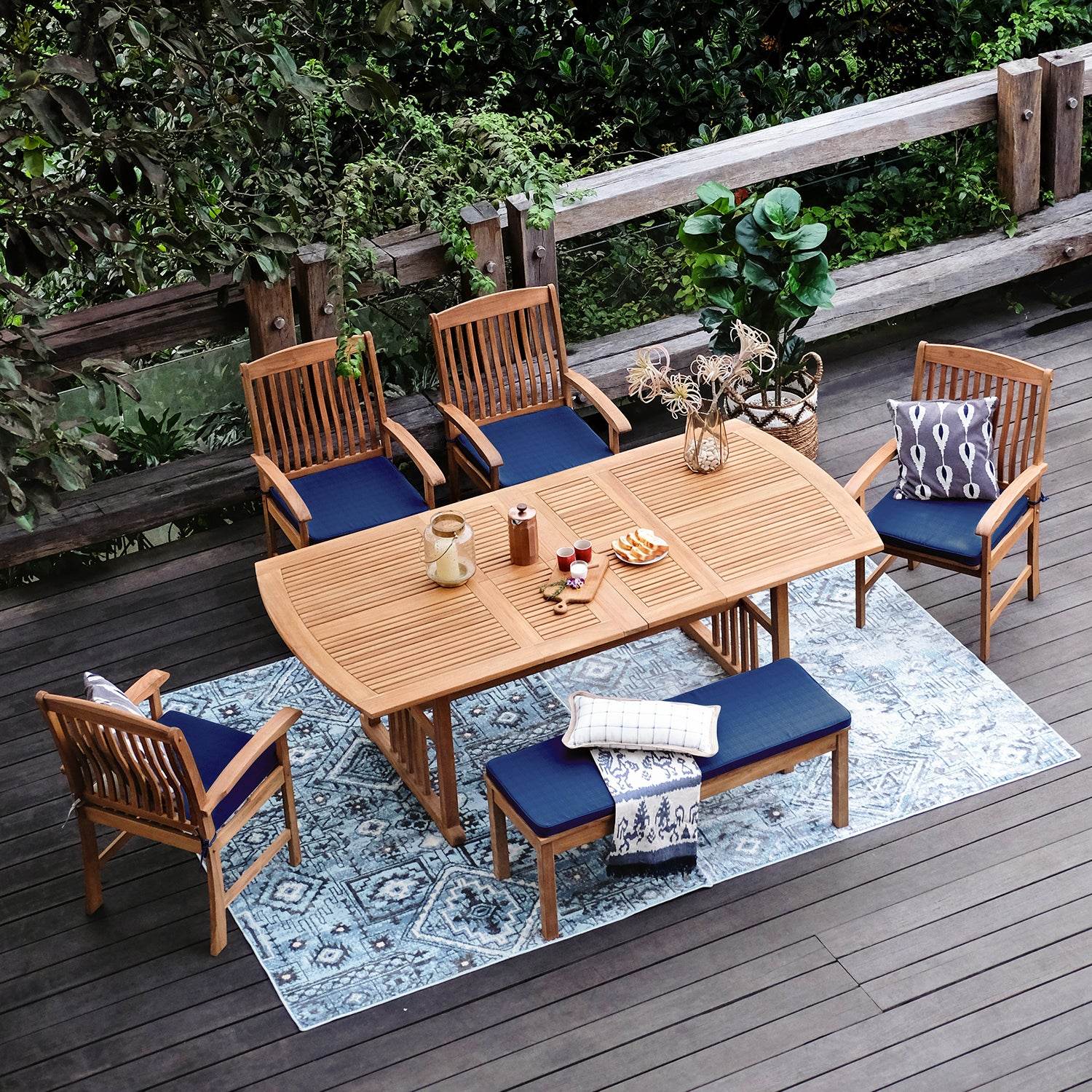 Caterina Teak Wood 6 Pieces Outdoor Dining Set with Navy Seatpad - Image 2