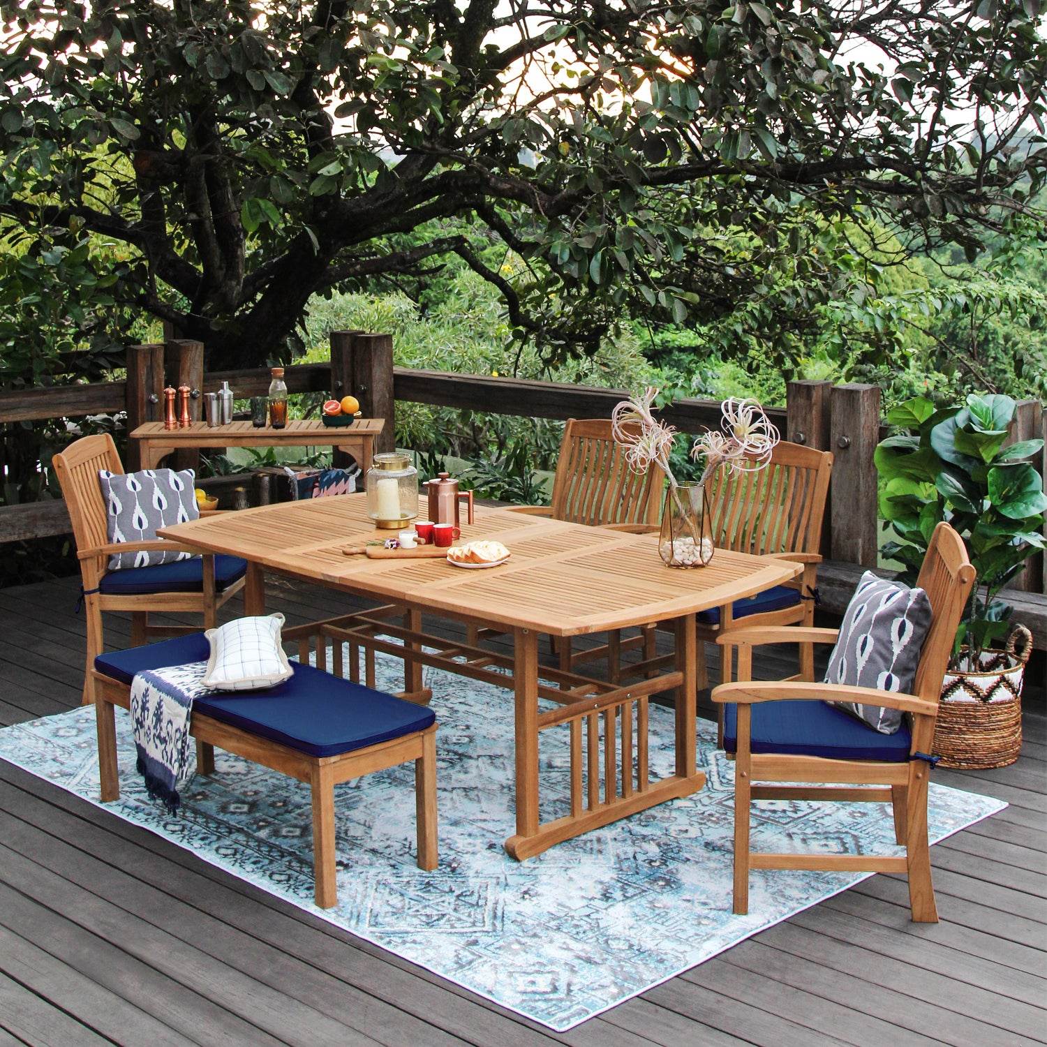 Caterina Teak Wood 6 Pieces Outdoor Dining Set with Navy Seatpad - Image 3