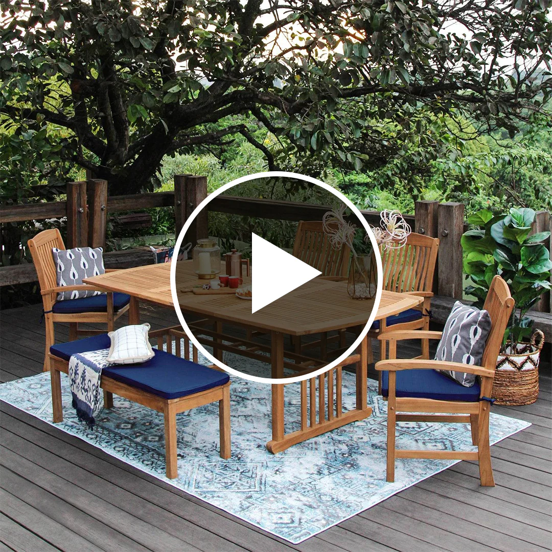 Caterina Teak Wood 6 Pieces Outdoor Dining Set with Navy Seatpad - Image 5