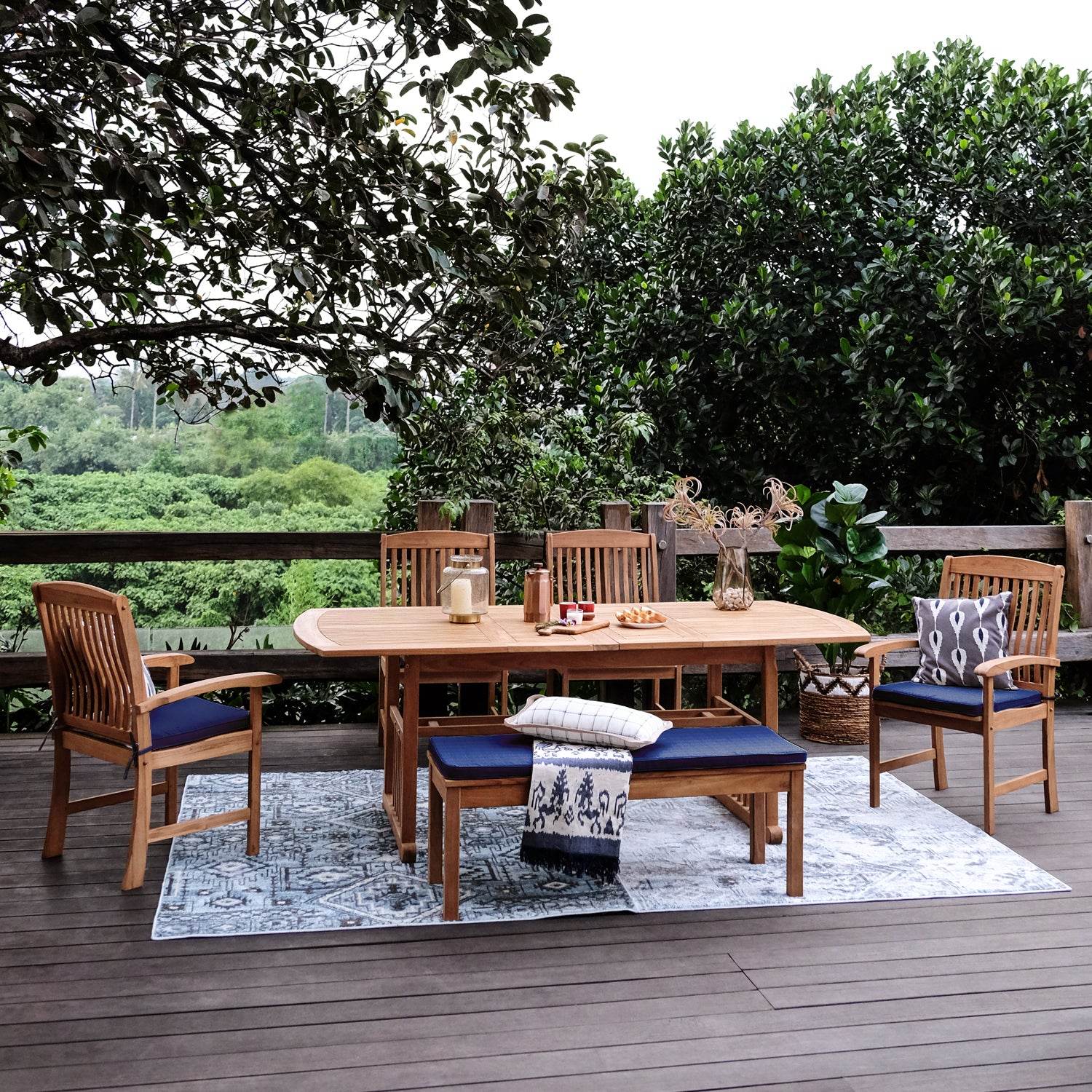 Caterina Teak Wood 6 Pieces Outdoor Dining Set with Navy Seatpad - Image 9