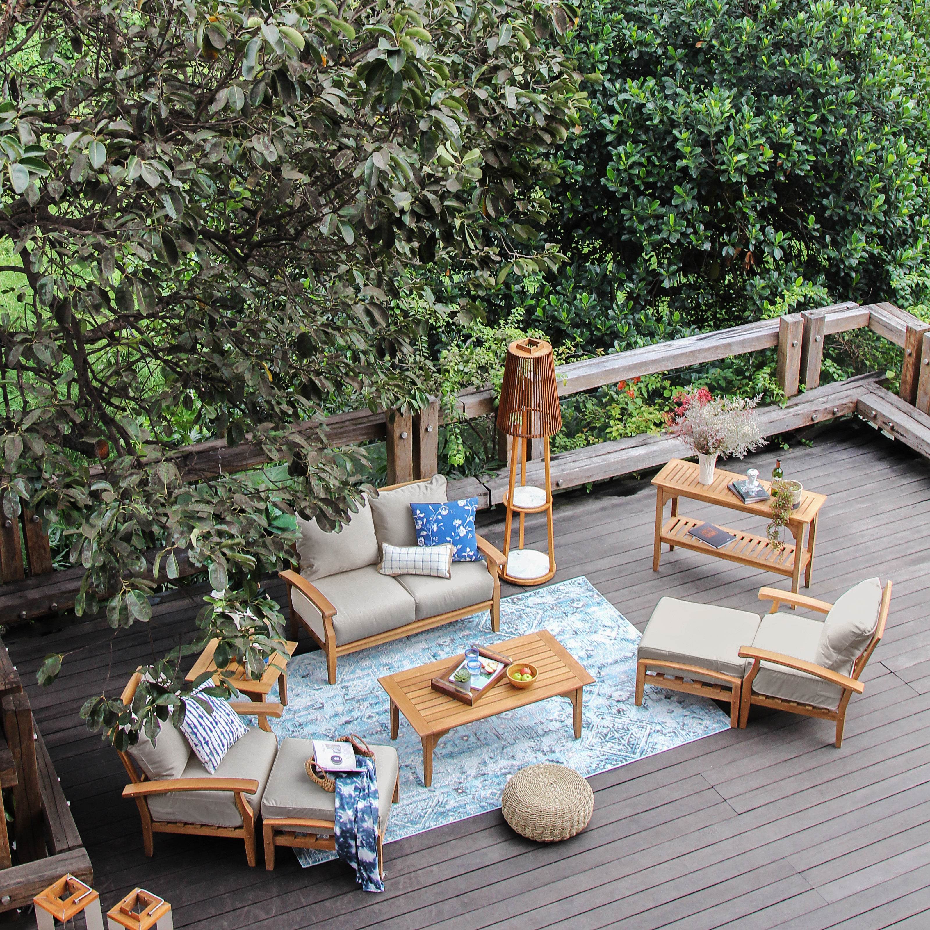 Caterina Teak Wood 7 Piece Patio Conversation Set with Beige Cushion - Image 3