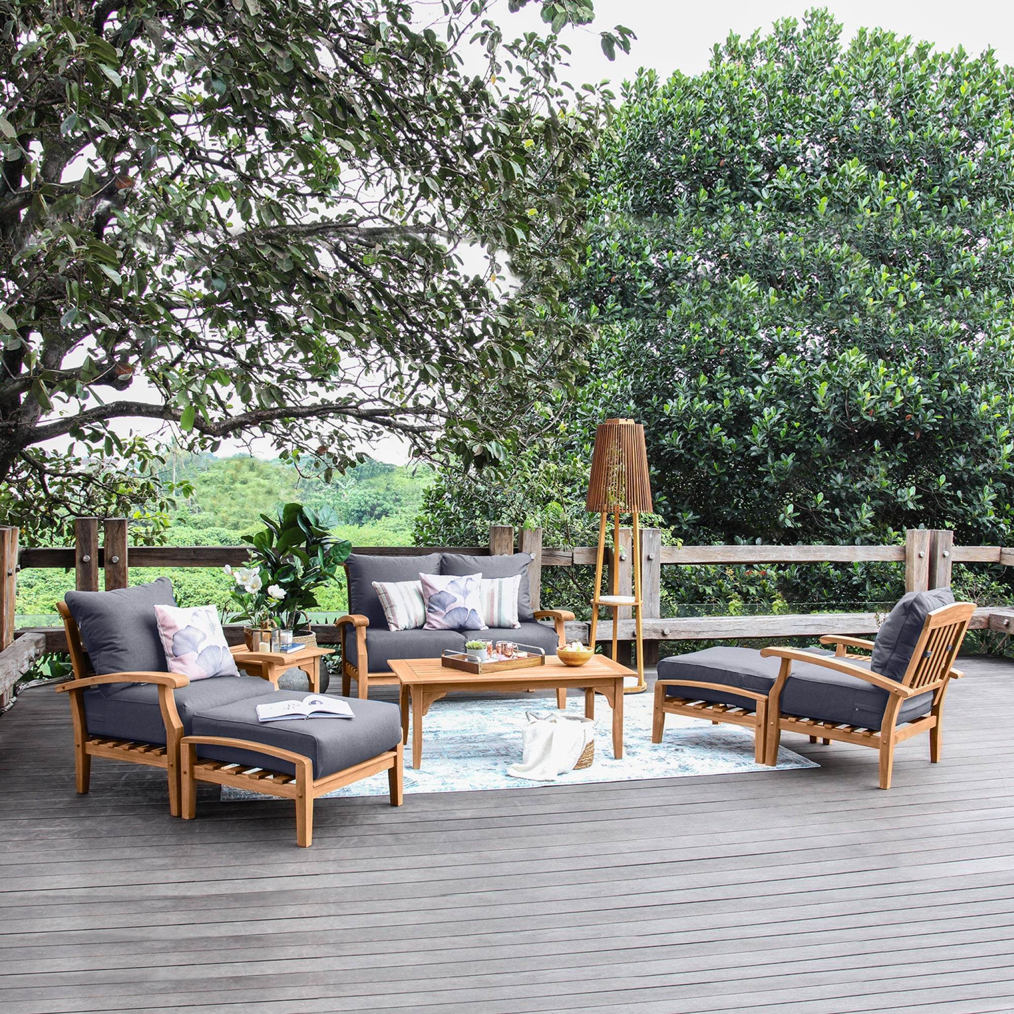 Caterina Teak Wood 7 Piece Patio Conversation Set with Gray Cushion - Image 3