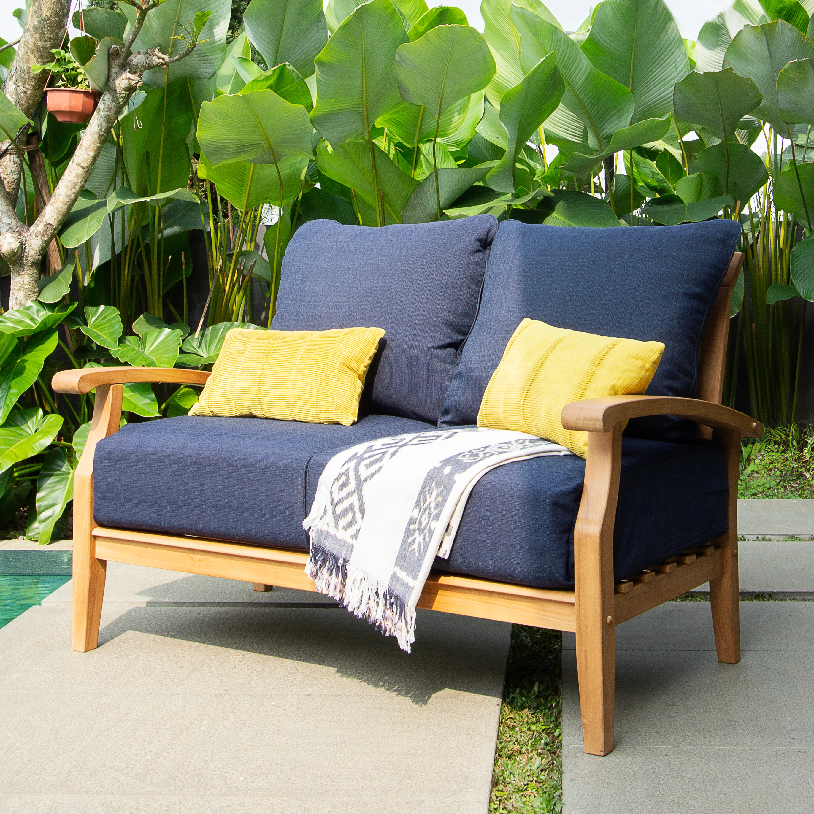 Caterina Teak Wood 7 Piece Patio Conversation Set with Navy Cushion - Image 7