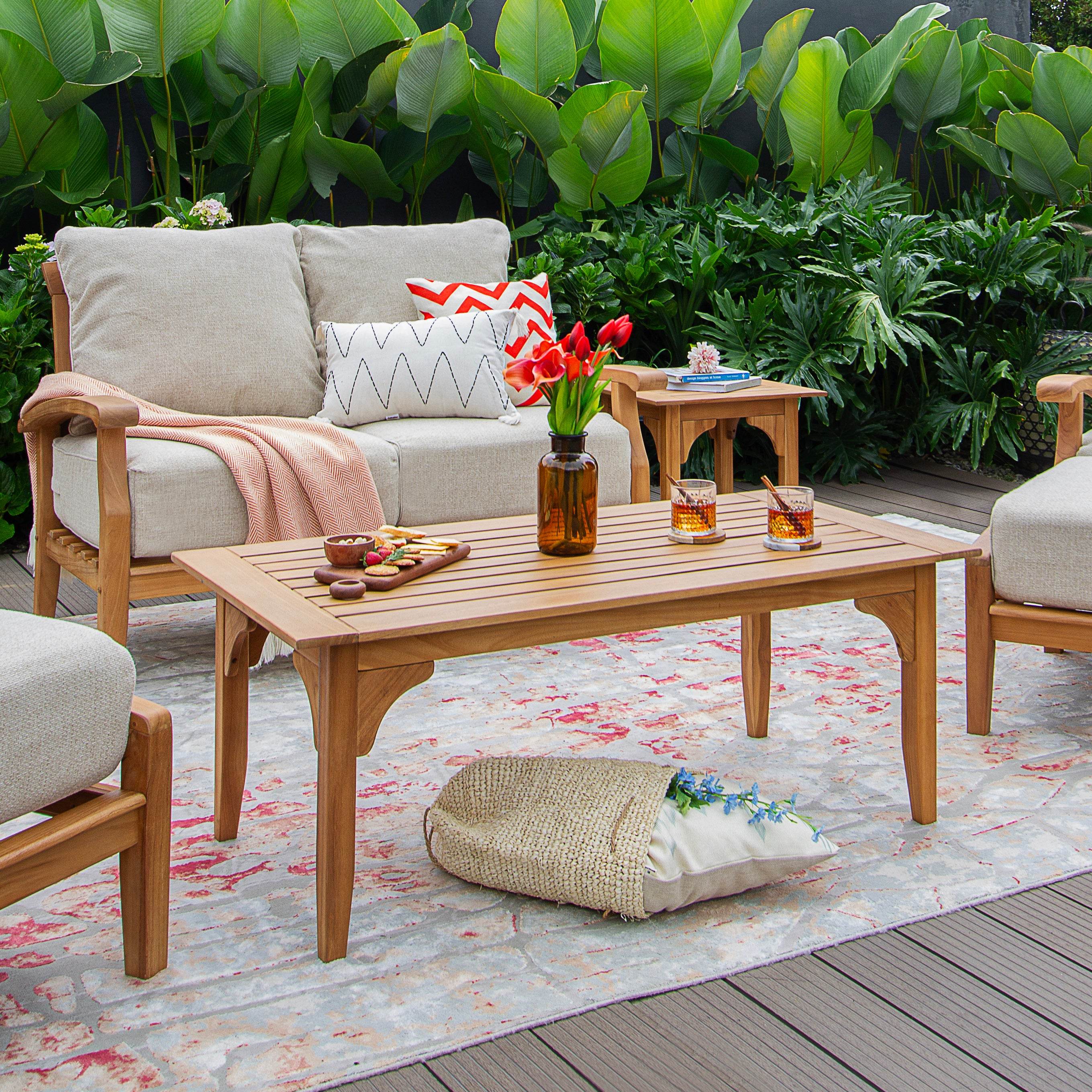 Caterina Teak Wood 7 Piece Patio Conversation Set with Tan Cushion - Image 11