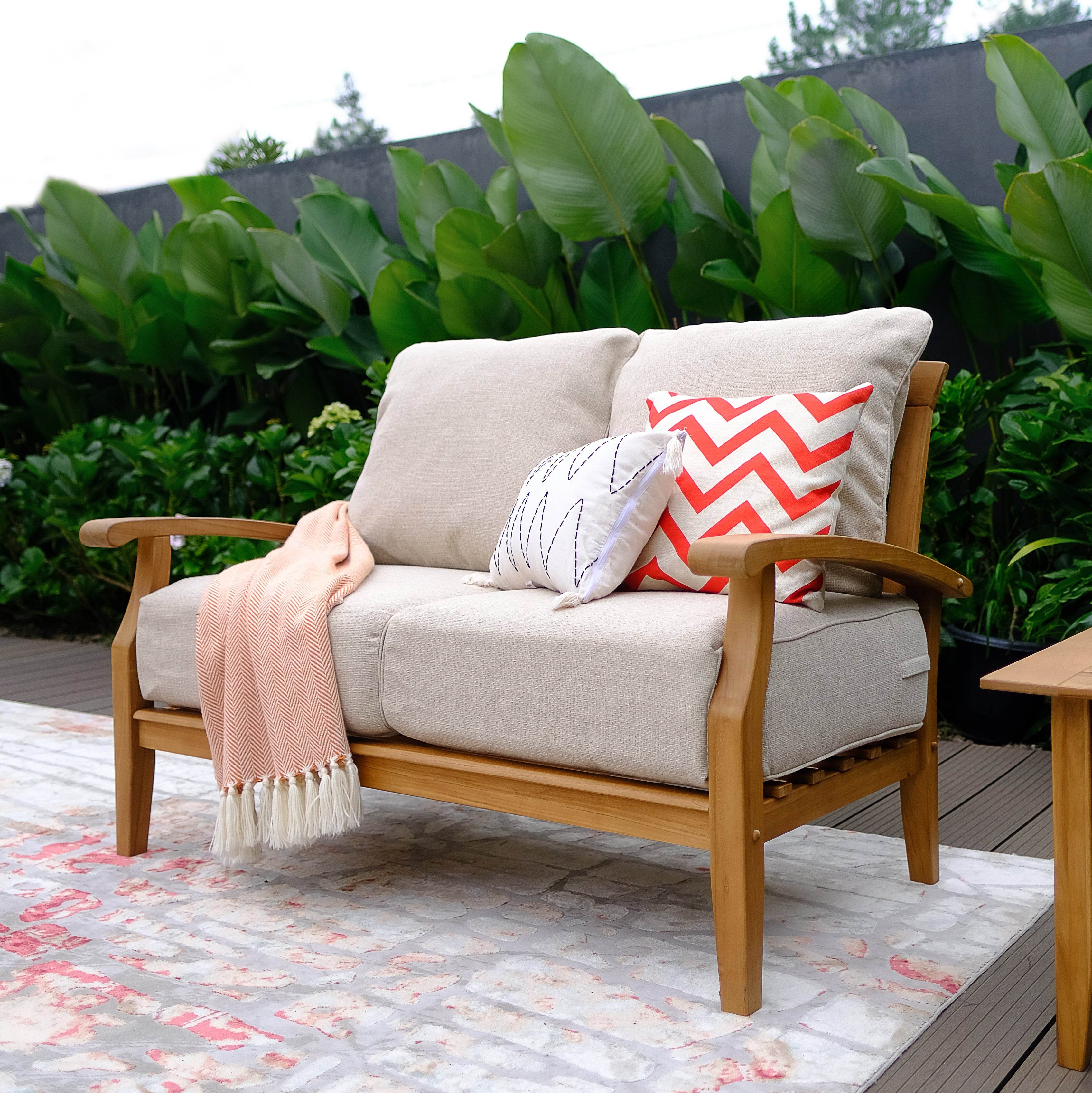 Caterina Teak Wood 7 Piece Patio Conversation Set with Tan Cushion - Image 2