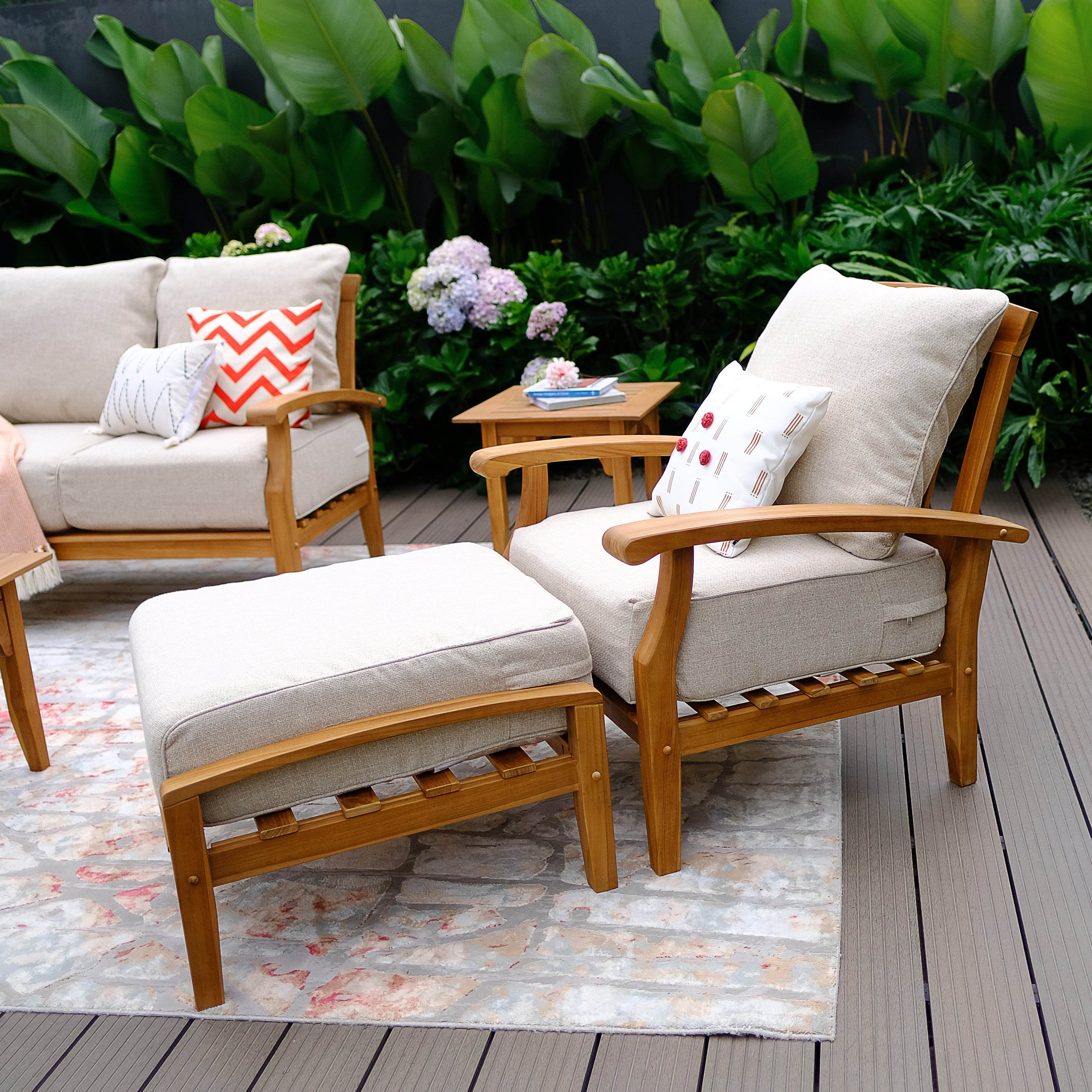 Caterina Teak Wood 7 Piece Patio Conversation Set with Tan Cushion - Image 4