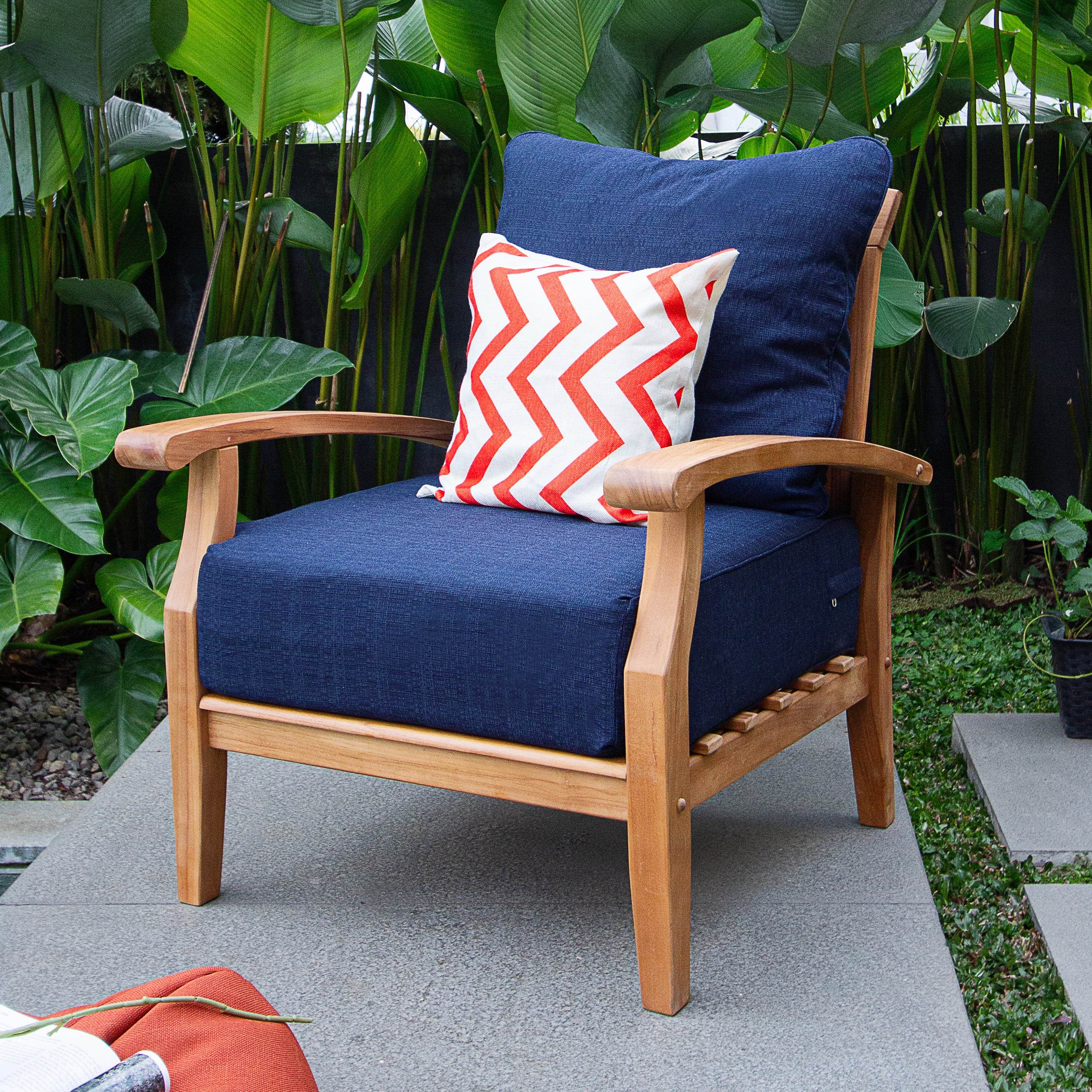 Caterina Teak Wood Outdoor Lounge Chair with Navy Cushion - Image 6