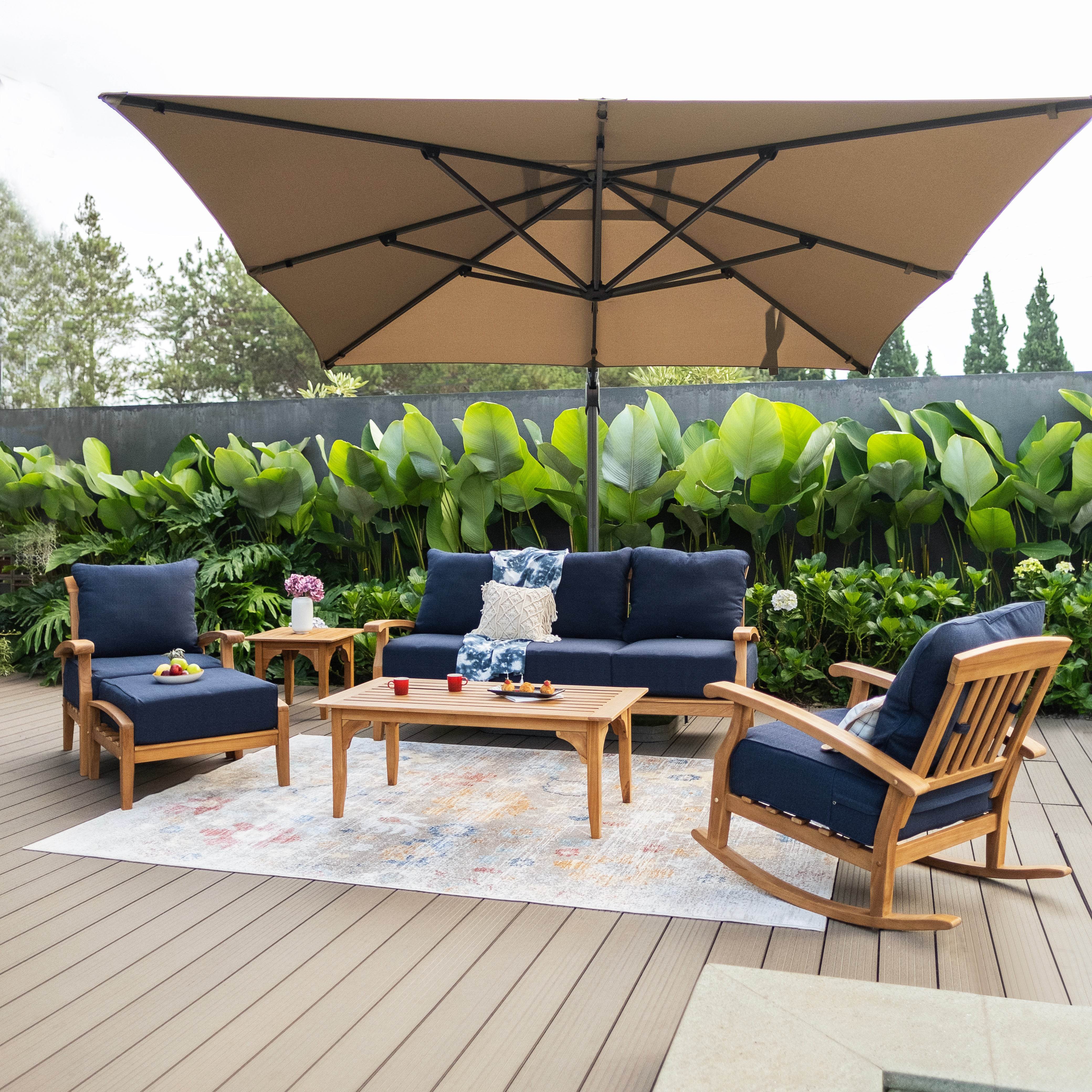 Caterina Teak Wood Outdoor Lounge Chair with Navy Cushion - Image 8