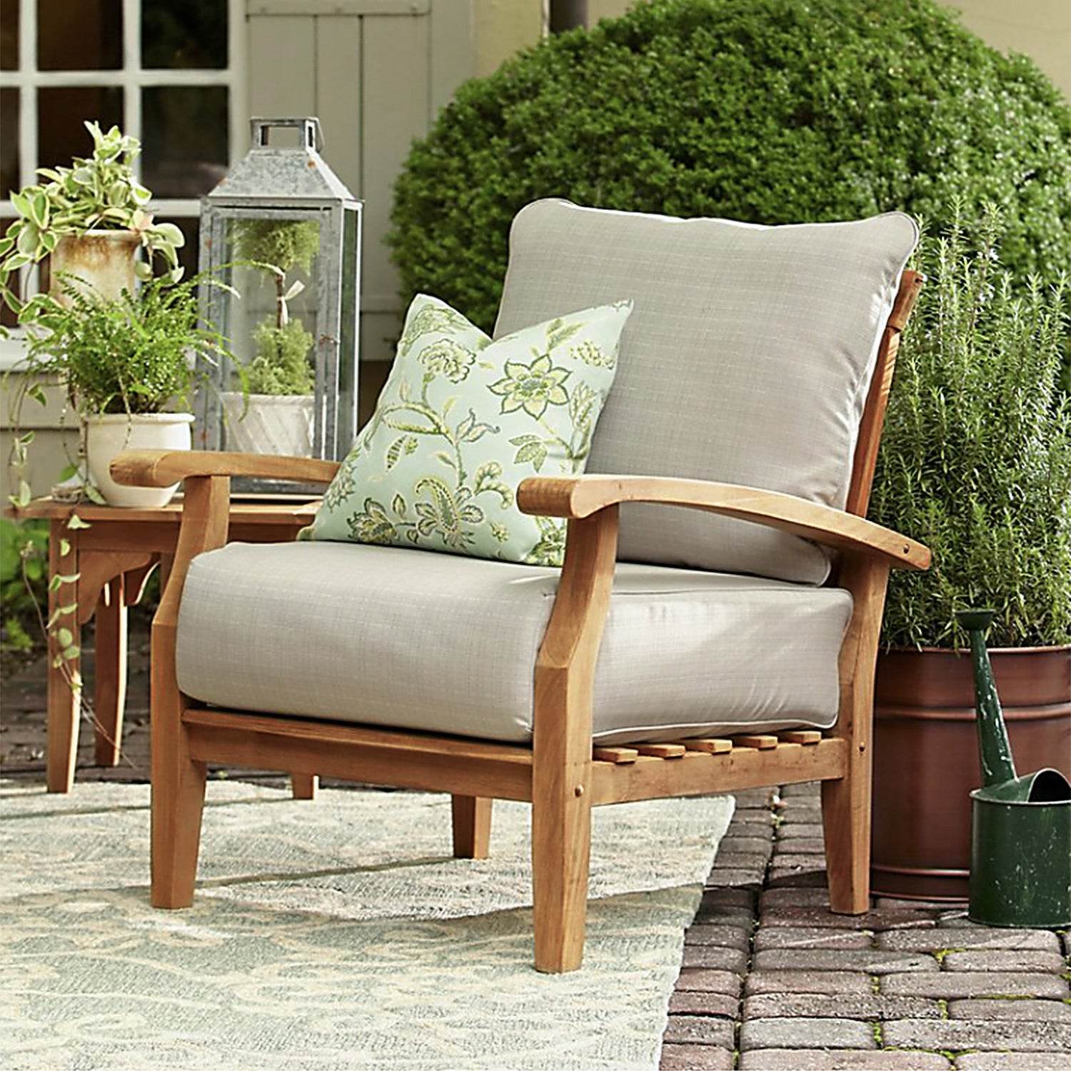 Caterina Teak Wood Outdoor Lounge Chair with Ottoman Beige Cushion - Image 3