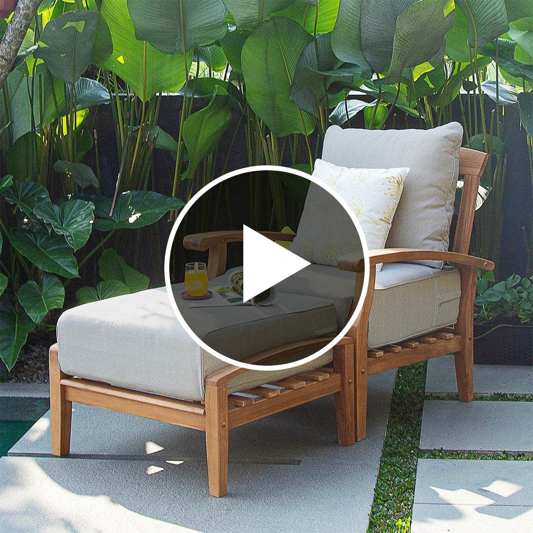 Caterina Teak Wood Outdoor Lounge Chair with Ottoman Beige Cushion - Image 5