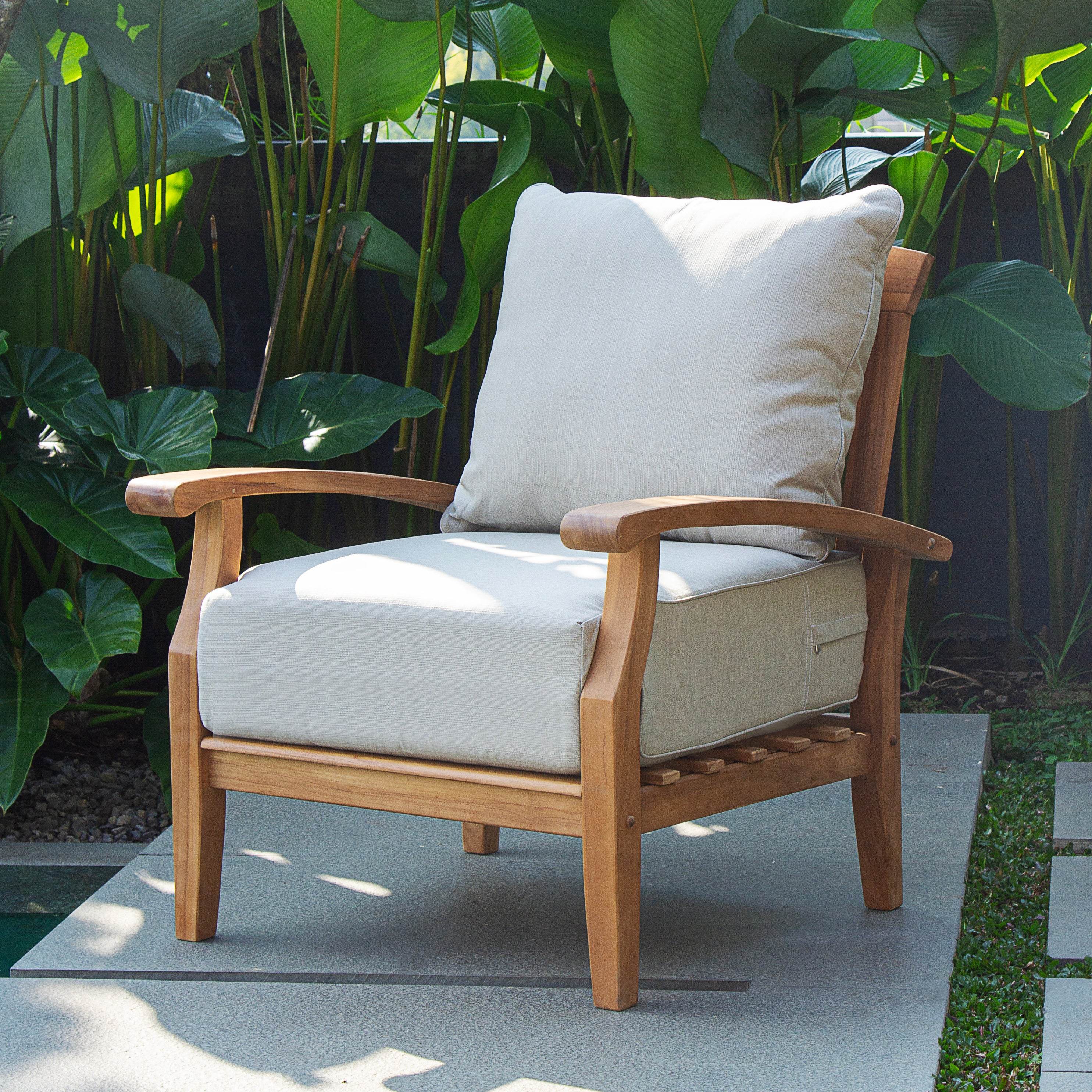 Caterina Teak Wood Outdoor Lounge Chair with Ottoman Beige Cushion - Image 6